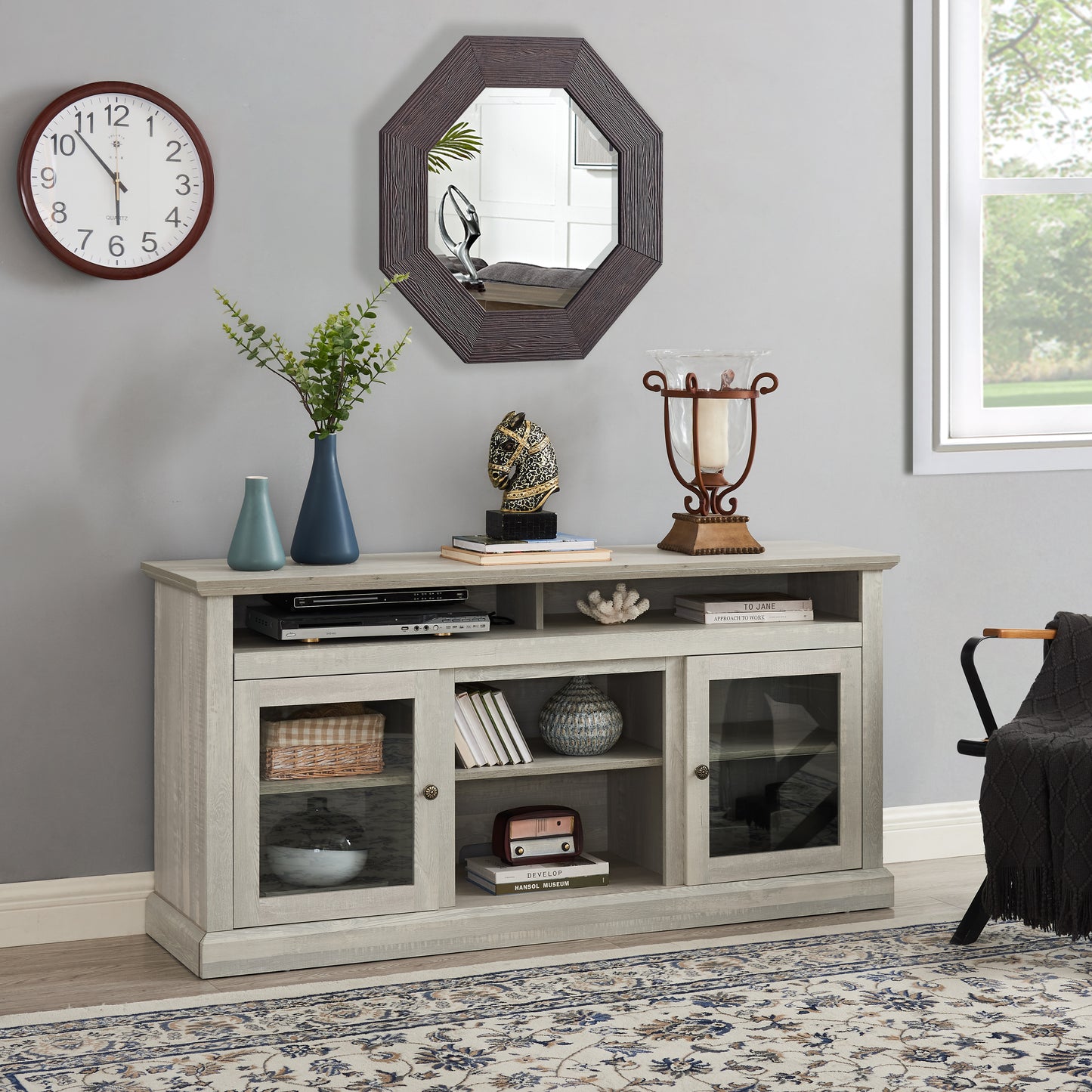 LegaHome Farmhouse TV Stand, Modern Entertainment Door TV Cabinet for 65 Inch TV, Wooden TV Console Table with Open and Closed Storage Space, Media Console Table for Living Room, Gray Wash