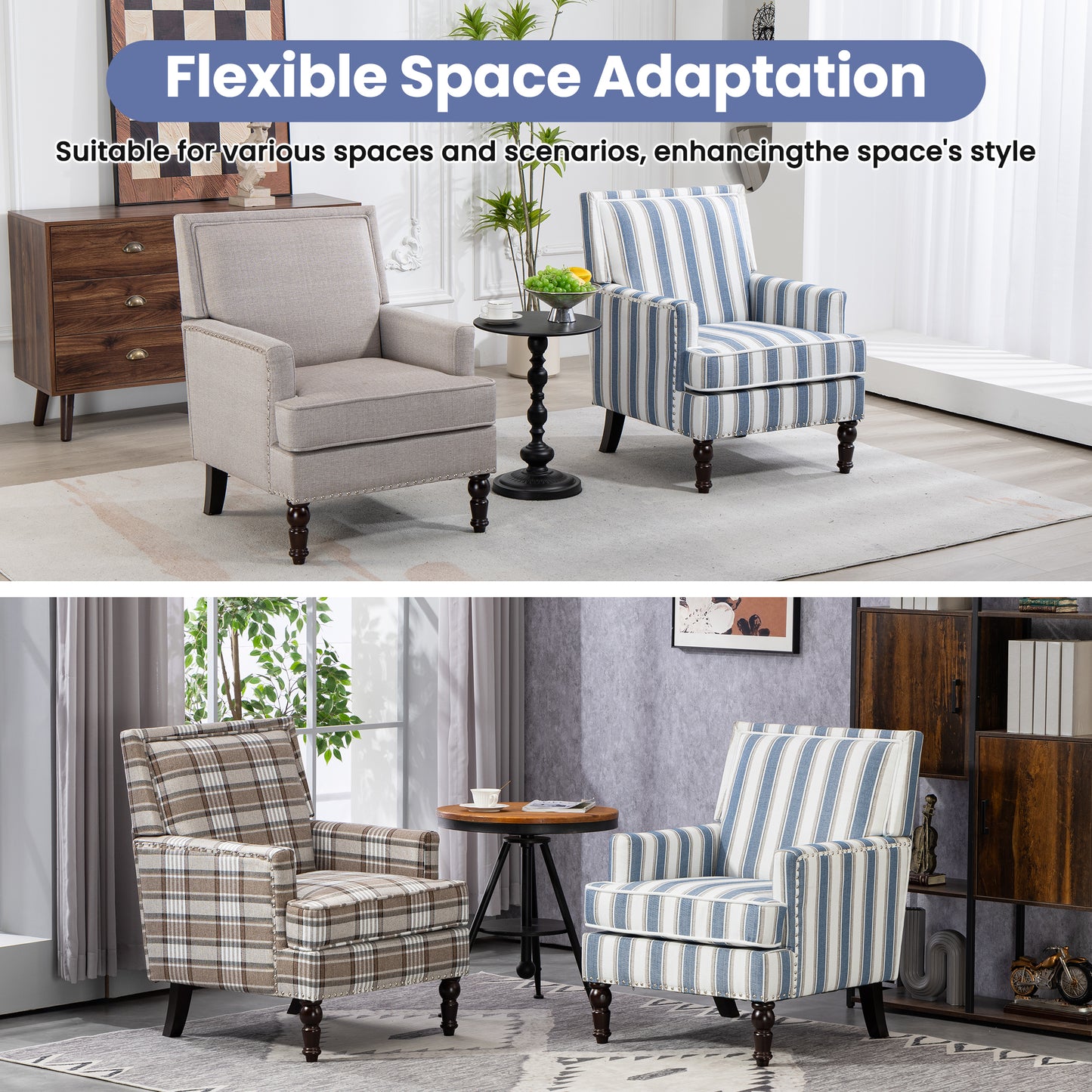 LEGAHOME Vintage Accent Chair, Upholstered Armchair with Nailhead Trim, Linen Fabric Arm Chair Comfort Reading Chair Lounge Chair for Living Room Bedroom Sunroom, Blue(1PC)