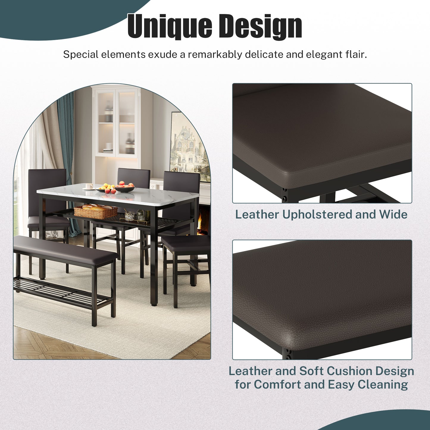 Legahome Dining Table Set for 6, Modern 6 Piece Dining Room Set with Bench, Kitchen Table and Chairs Set for Breakfast Nook with PU Leather Upholstered Chairs, Brown