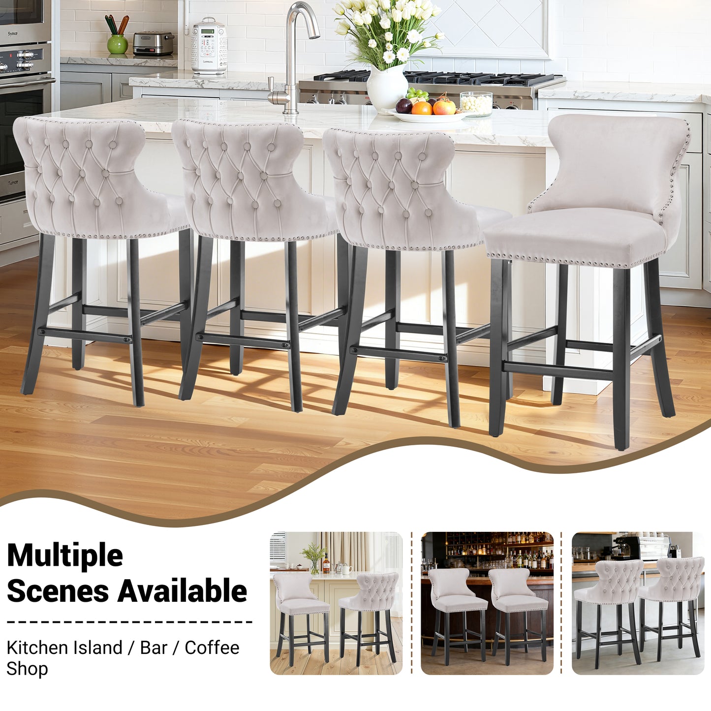 Velvet Barstools Set of 4, Contemporary Wing-Back Bar Chairs with Button Tufted and Chrome Nailhead Trim, Leisure Upholstered Bar Height Bar Stools with Wooden Legs, Beige