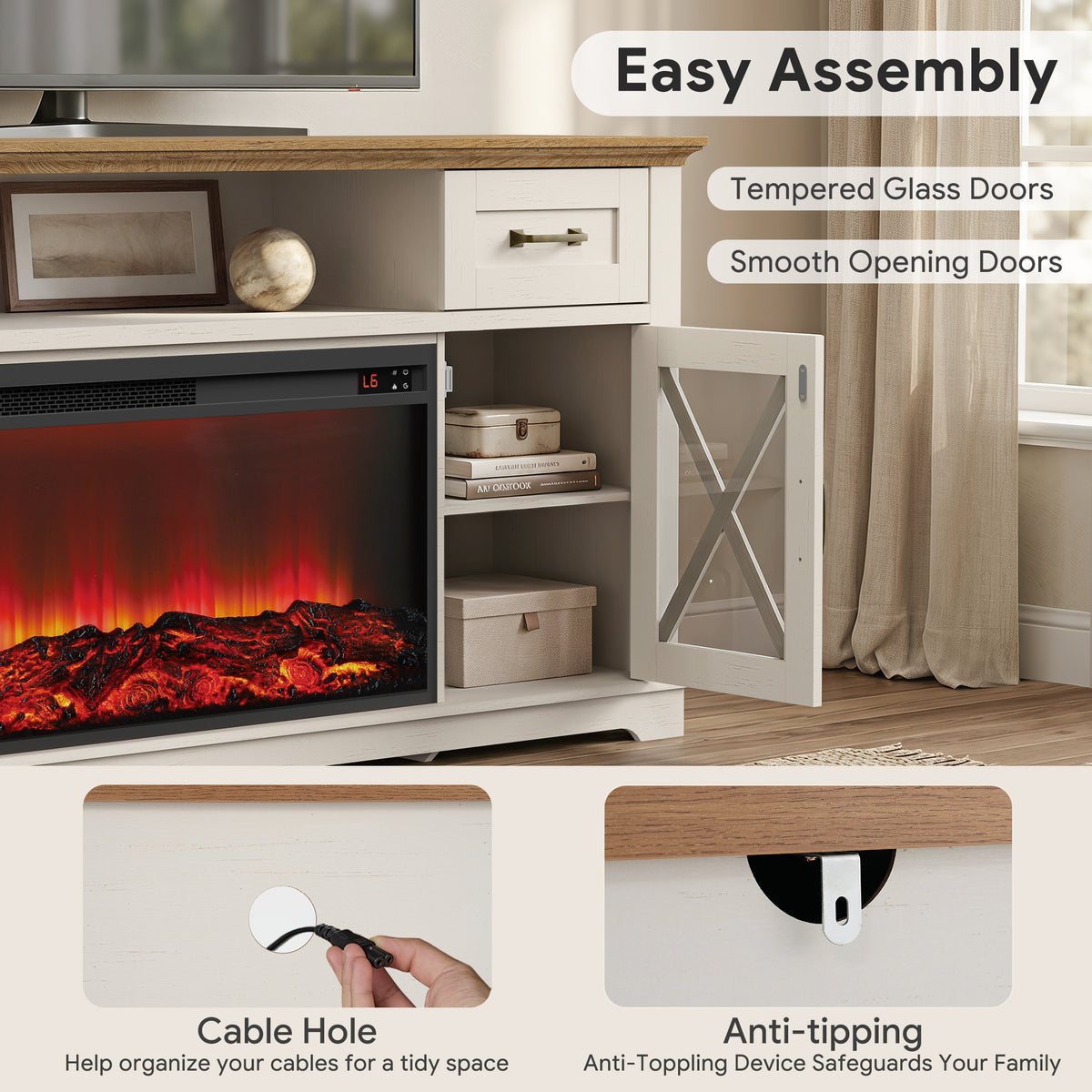 LEGAHOME White 63" Fireplace TV Stand for 70" TVs, Farmhouse Electric Entertainment Center with 30" Fireplace, 2 Drawers, 2-Glass Door, for Living Room, Bedroom, Brown Tabletop&White Caninet