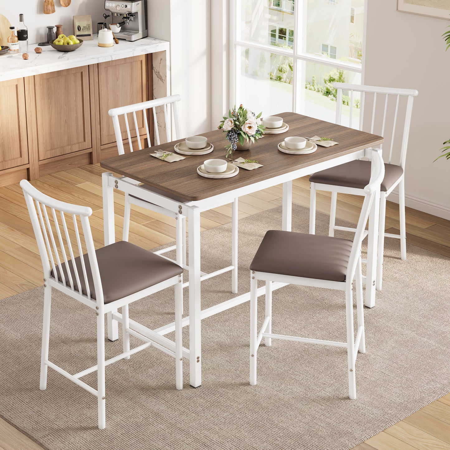 Dining Room Table Set for 4, LEGAHOME 5 Piece Bar Height Dining Table Set with 4 Stools, Pub Table and Chairs Set for Kitchen Dining Room, Gray Tabletop & White Frame