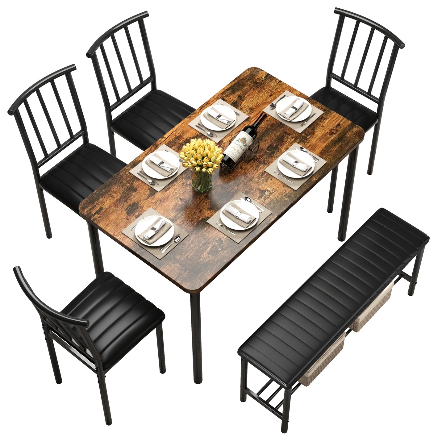 Dining Table Set for 6, Modern Faux Marble Dining Room Table Sets with 4 Leatherette Chairs&1 Bench, Rectangular Kitchen Table and Chairs Set for Apartment, Space Saves Gray Table and Leather Chairs