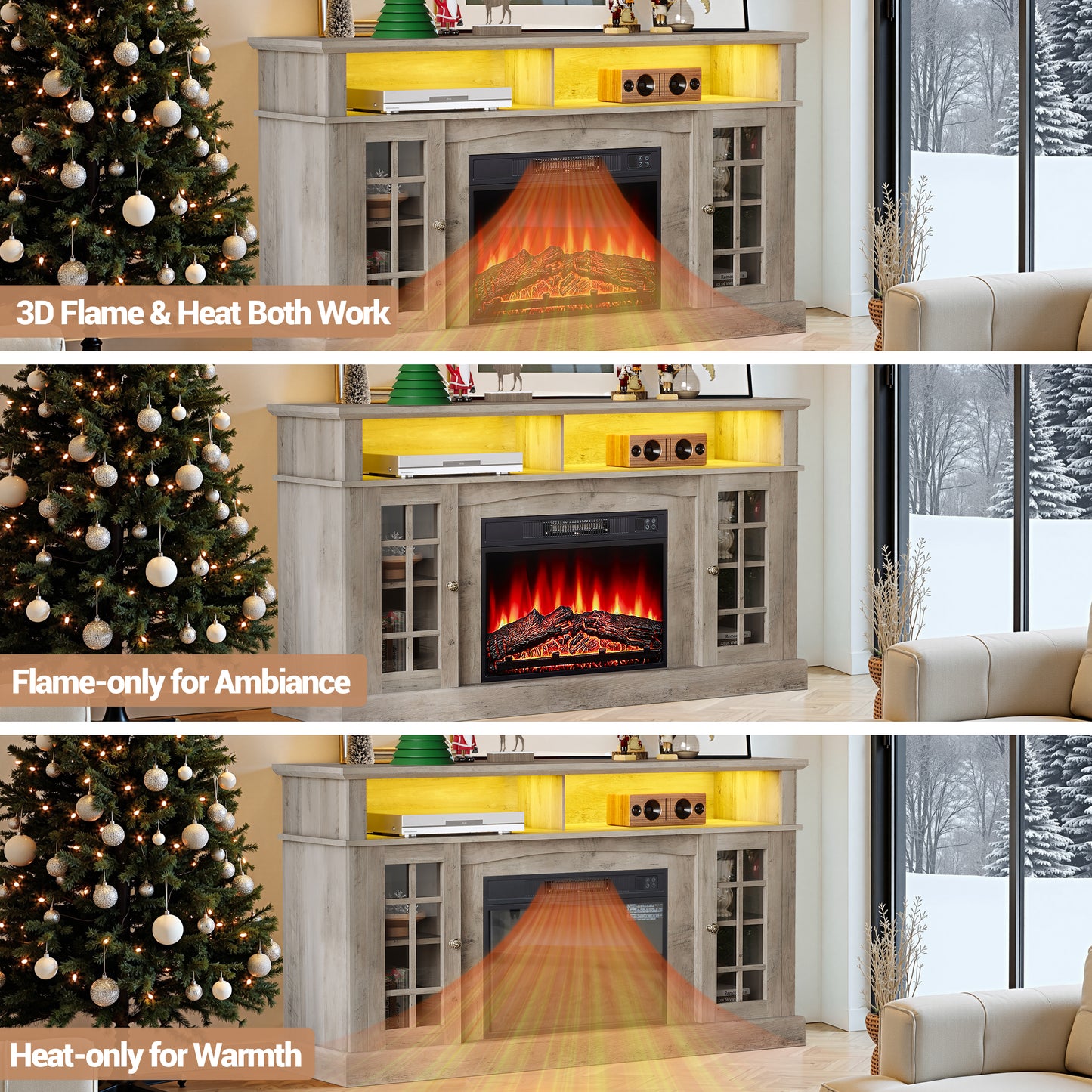 Fireplace TV Stand for 65 inch TVs with LED Lights, LEGAHOME Farmhouse Entertainment Center for TVs with 23in Fireplace, Wooden Living Room Media Console for 400Sqt, 62°F - 82°F Heating Range, Gray