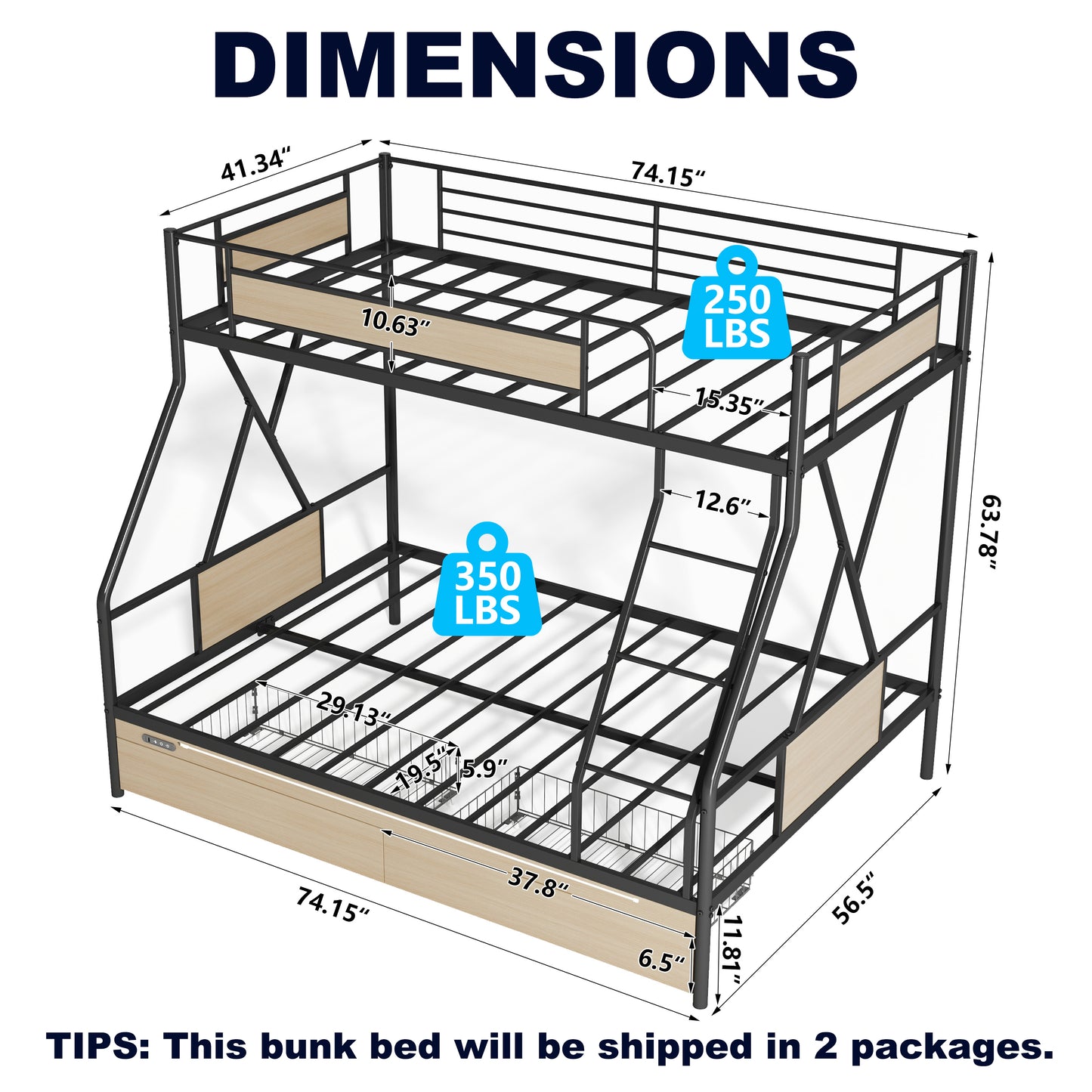 Twin Over Full Bunk Beds, LEGAHOME Heavy-Duty Metal Bunk Bed with 2 Drawers, Charging Station and LED Lights, 350lbs Capacity Space-Saving Bunk Beds for Teens, Black