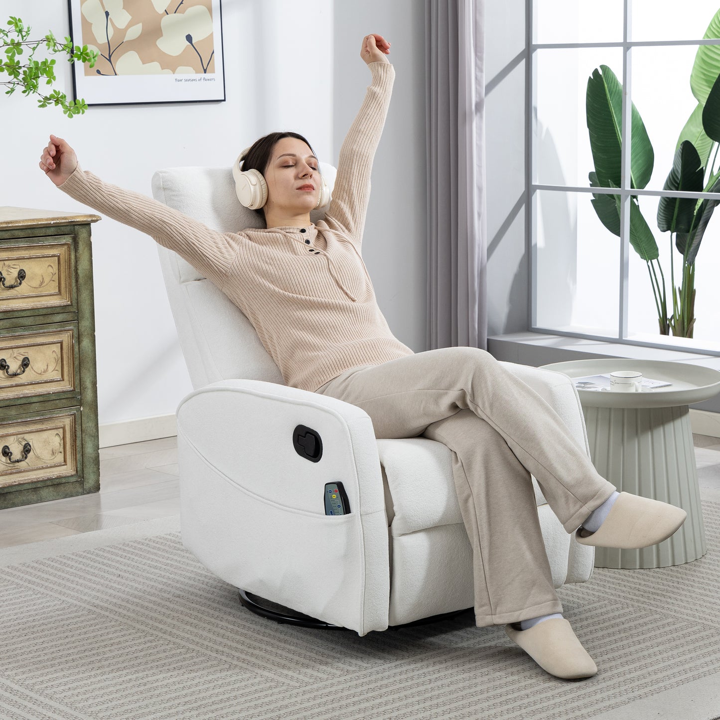 Rocker Recliner with Heat and Massage, Velvet Upholstered 360° Swivel Rocking Recliner, Small Rocker Recliner with Side Pockets for Small Space, Rocking Chair for Nursery Home Theater