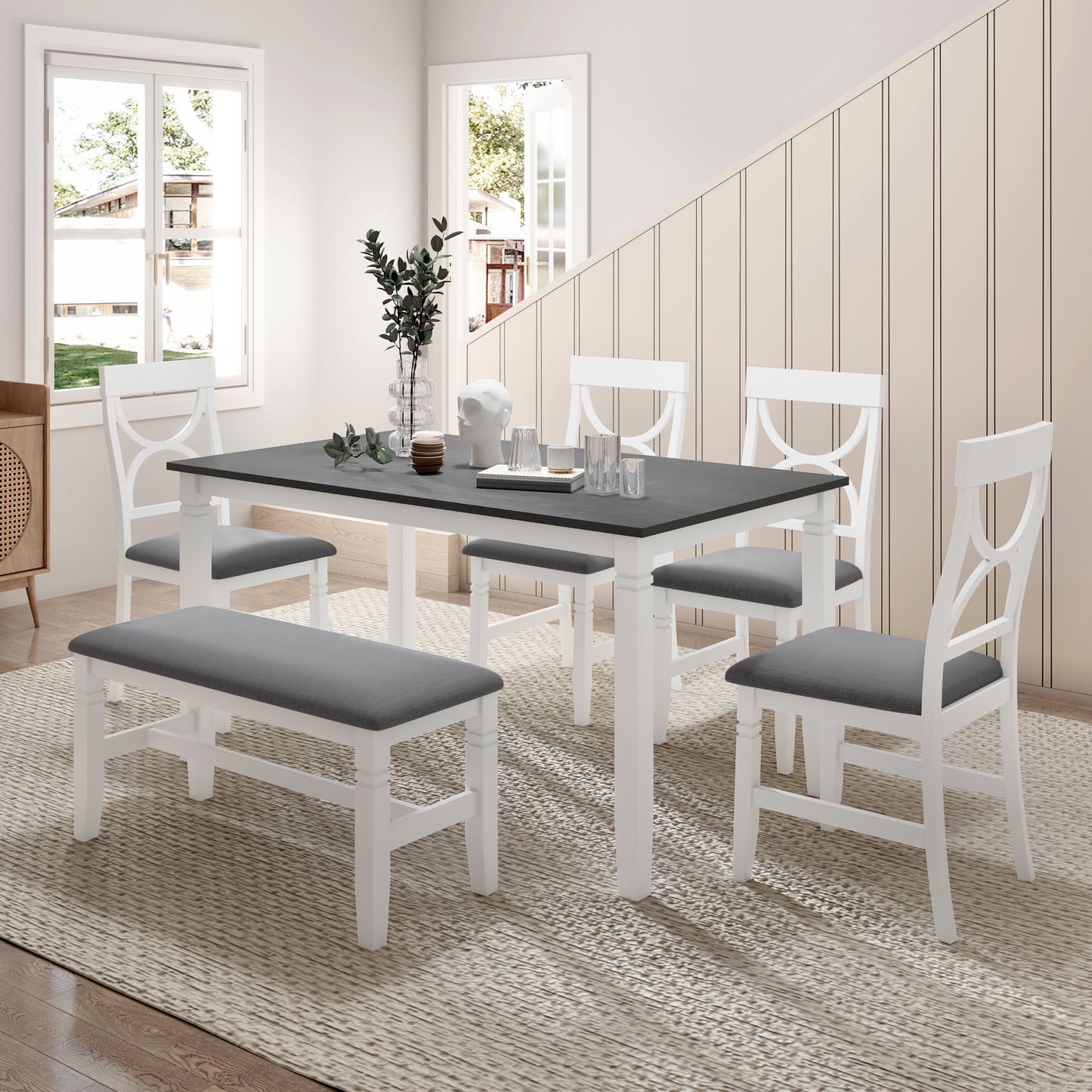 Dining Room Table Set for 6, New Upgraded Solid Wood Dining Table Set with Upholstered Bench and 4 Dining Chairs, Farmhouse Style Wooden Kitchen Table and Chairs,White