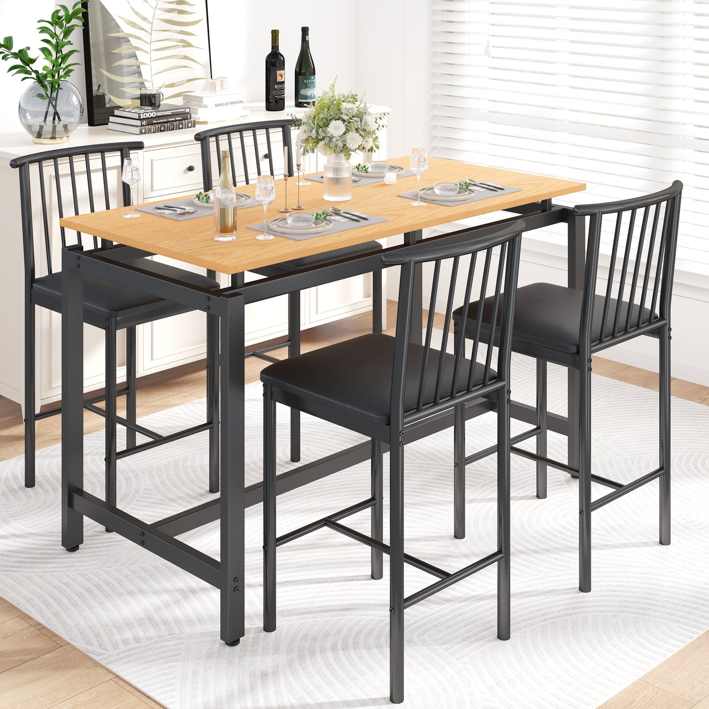 Counter Height Table Set of 4, LEAGHOME Bar Table Set for 4, Kitchen Dining Set with 4 Backrest Chairs, Rectangle Dinette Pub Table Set, Bar Table and Chairs Set for Kitchen Breakfast Nook, Brown