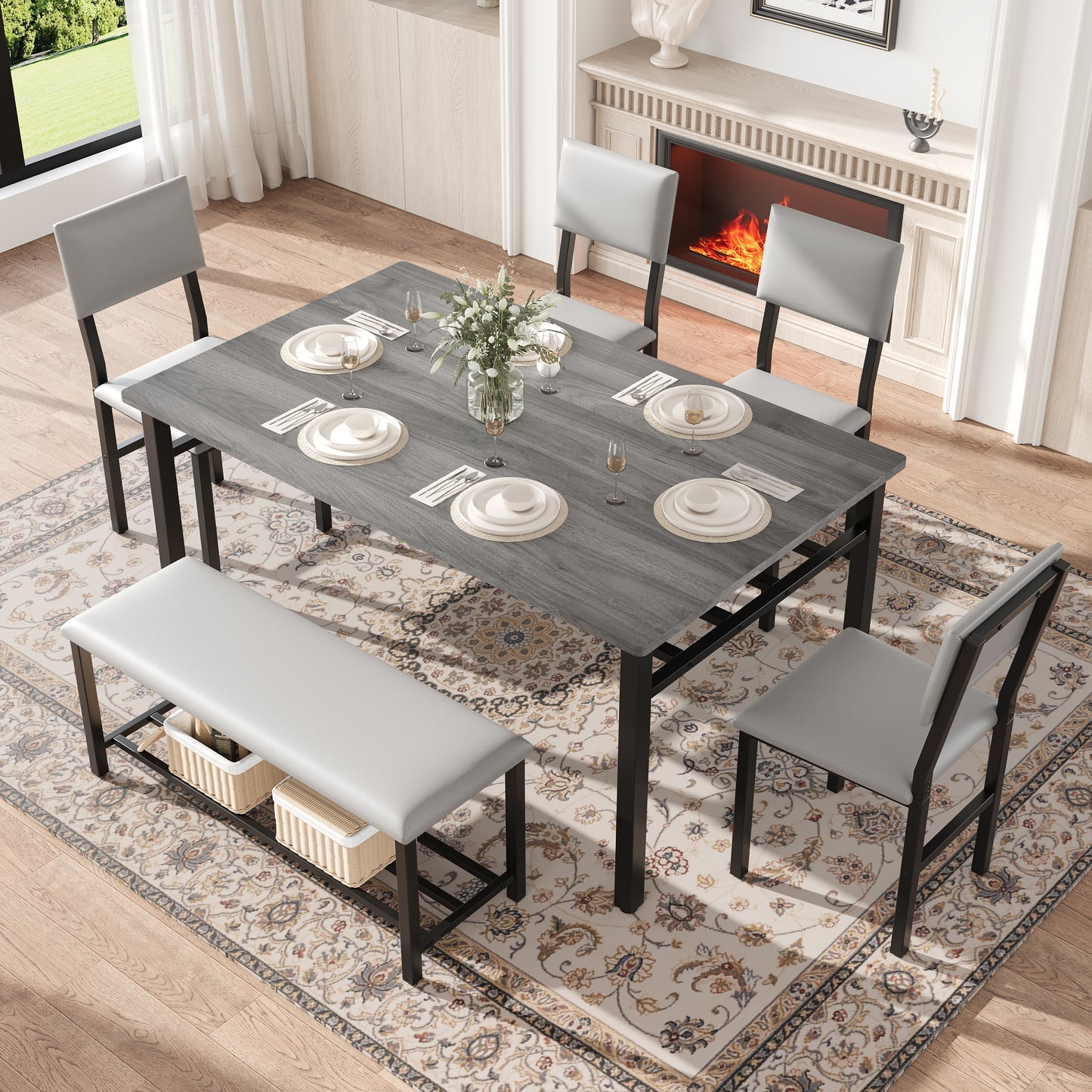 6 Piece Dining Set with Bench, Farmhouse Rectangular Dining Table Set for 6, Solid Wood Dining Room Set with Bench and Chair, Kitchen Furniture Kitchen Dining Set for Home Dinner, White