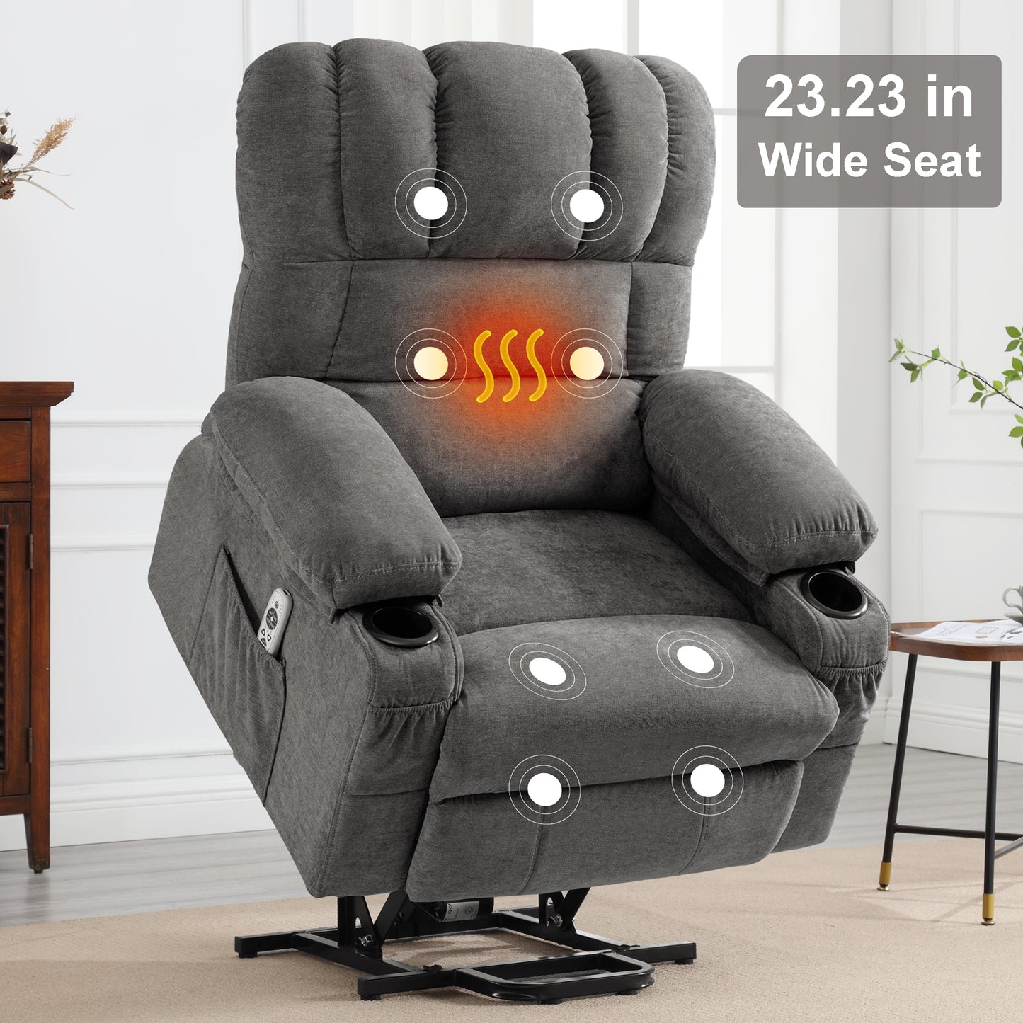 Lift Recliner Chair for Living Room, 23 in Oversized Seat Power Lift Recliner Chair, Electric Lift Recliner for Elderly, Recliner Sofa Chair with Cup Holder, USB Port, 330lbs Capacity, Grey