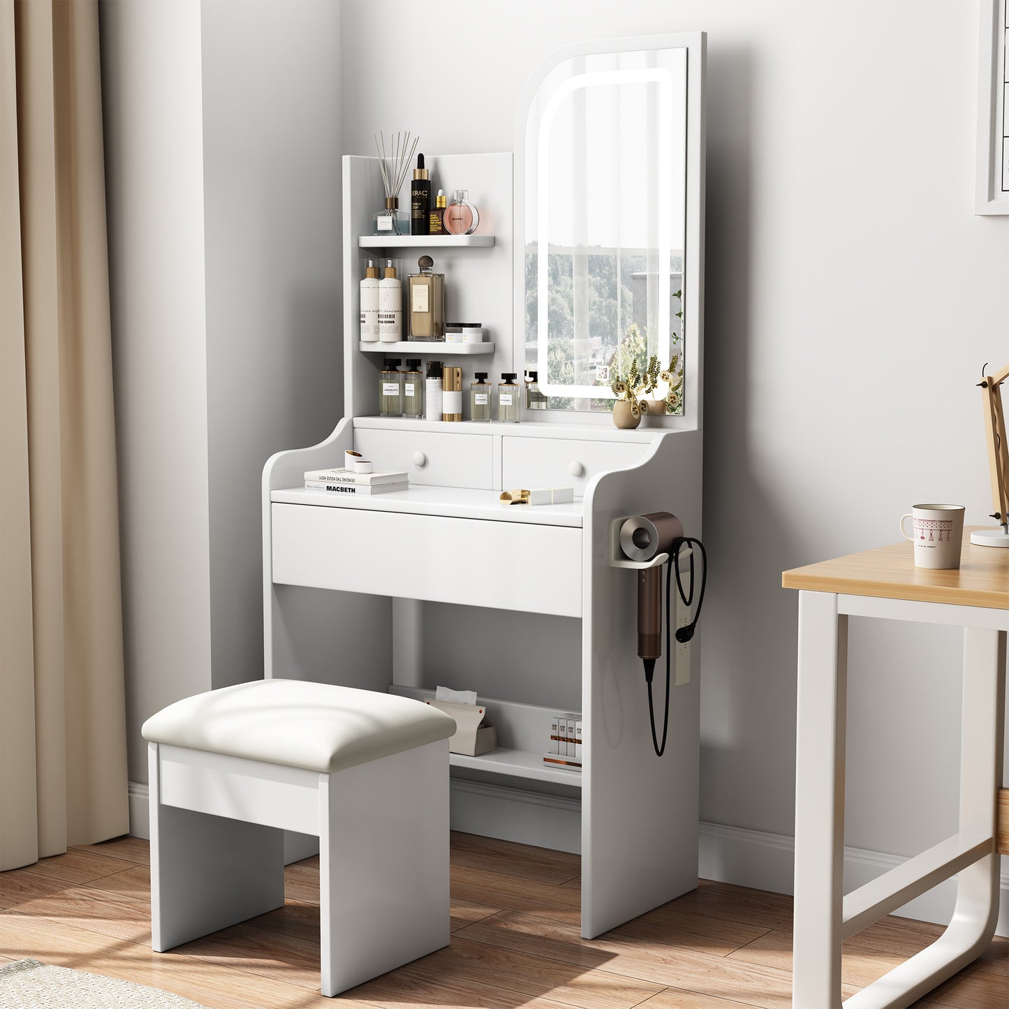PORKISS Girl Vanity Set with Mirror and Lights, 3 Color Light Modes Adjustable, American Style Vanity Desk with 3 Drawers, Hair Dryer Holder, Makeup Table with Chair for Teenager, White