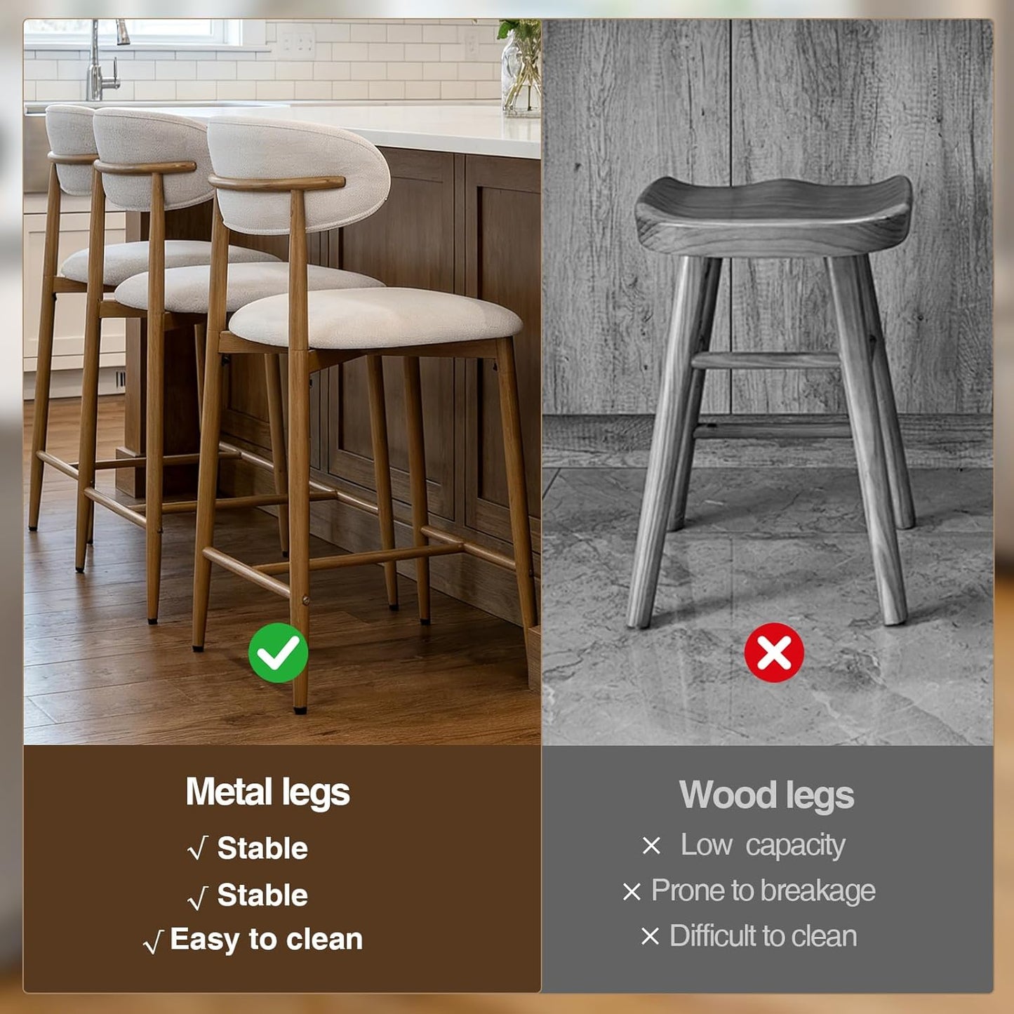 Bar Stool Set of 2, Legahome 26" Counter Height Bar Stool, Modern Farmhouse Upholstered Bar Stool with Curved Back & Wood-Grain Metal Legs for Kitchen Island Dining Room