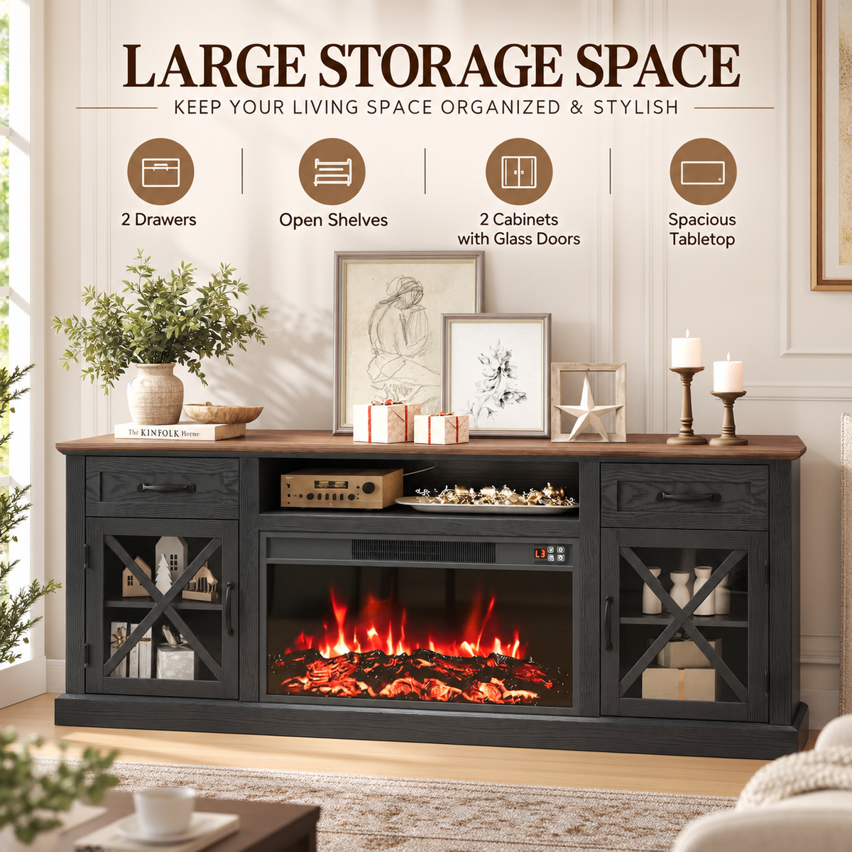 Fireplace TV Stand, LEGAHOME 70in TV Stand with 30in Fireplace for 80 inch TVs, Farmhouse Entertainment Center for Living Room, 500Sqt Heating Area, Black