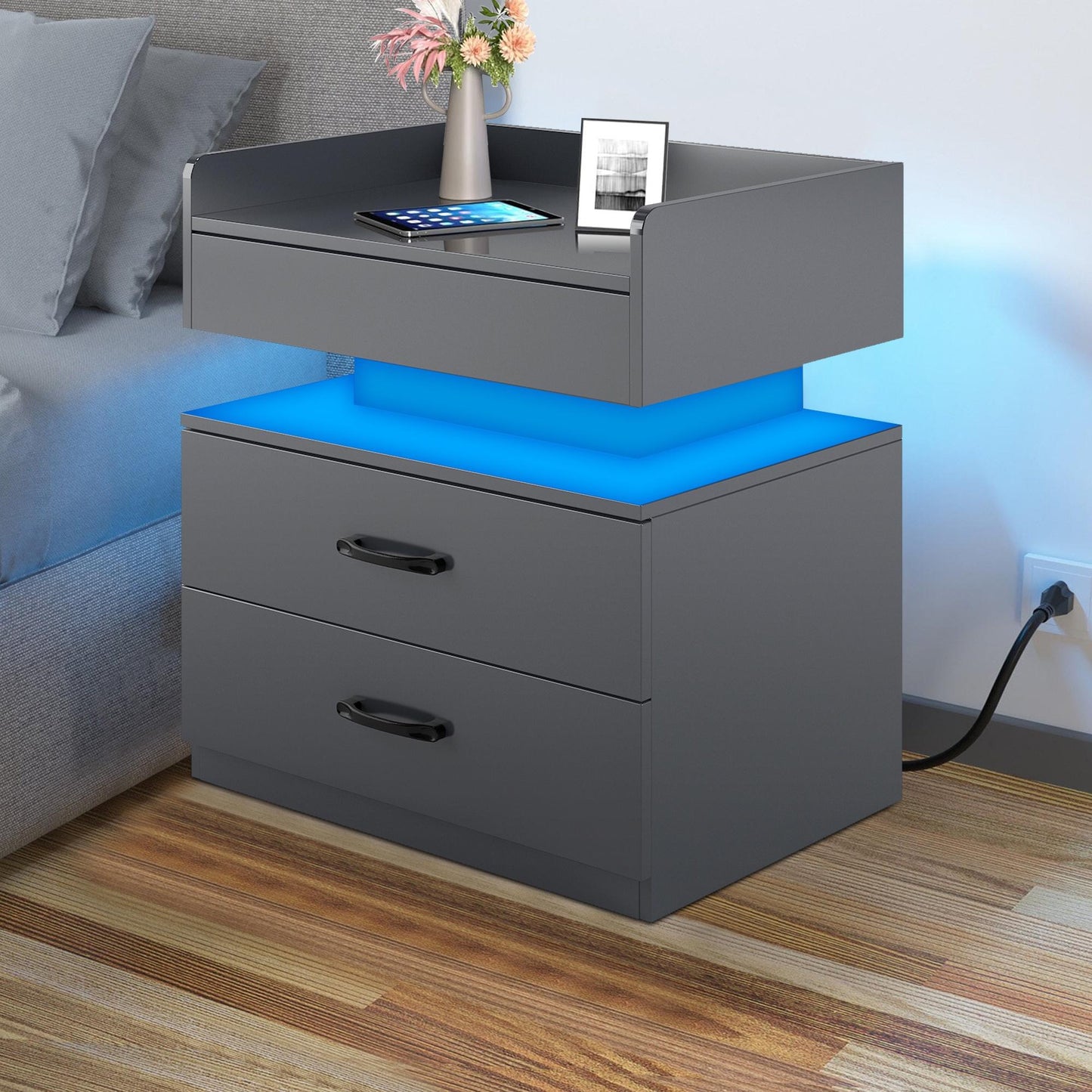 iRerts Side Table with Charging Station, Wood Nightstand with Drawers and LED Lights, Bedside Table with Plug Outlets, 2 USB Ports, Modern End Side Table for Bedroom Living Room Office, Gray