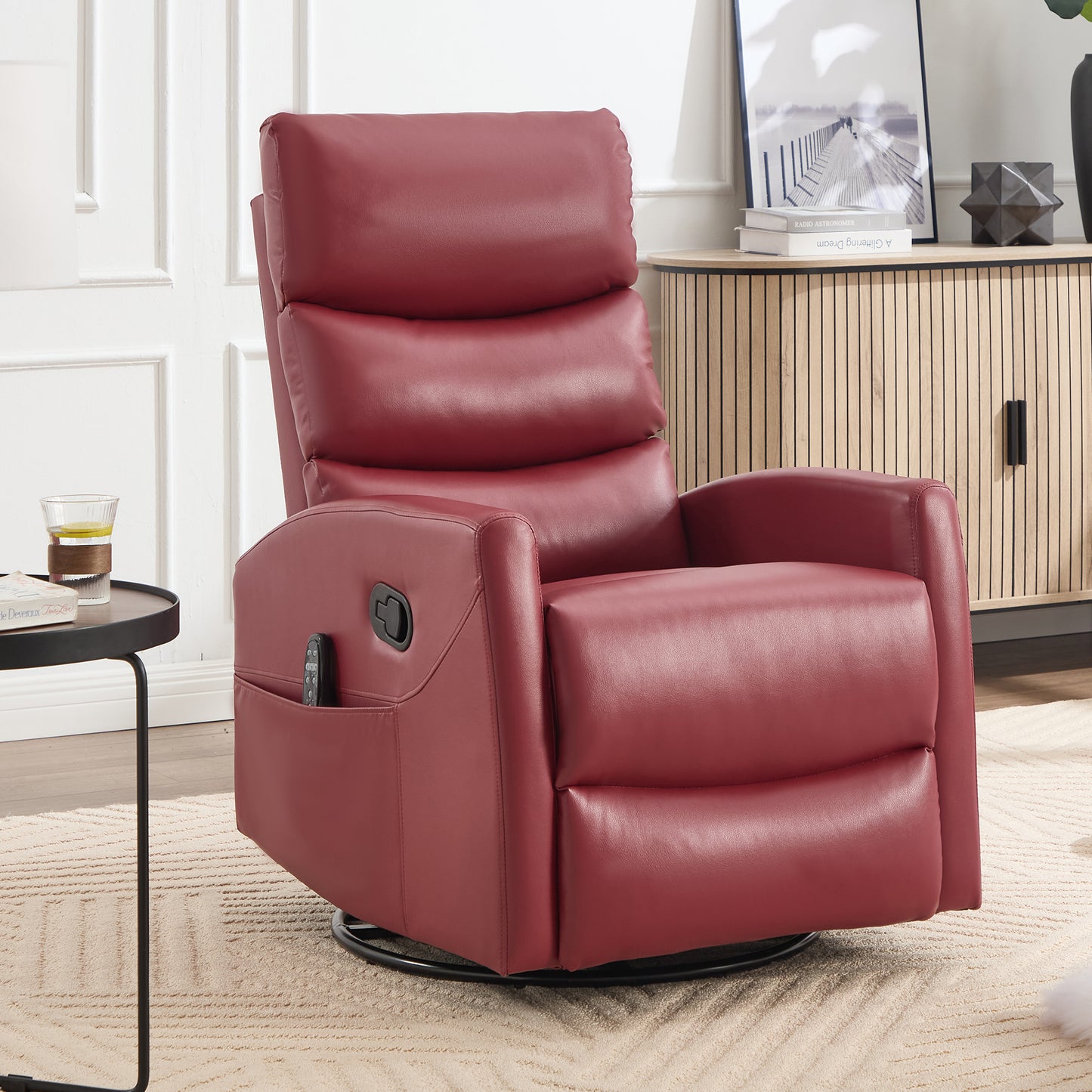 Swivel Rocker Recliner, 360° Swivel Glider Chair with Heat and Massage, Manual Recliner Nursery Chair with Side Pockets for Living Room, PU Leather, Red