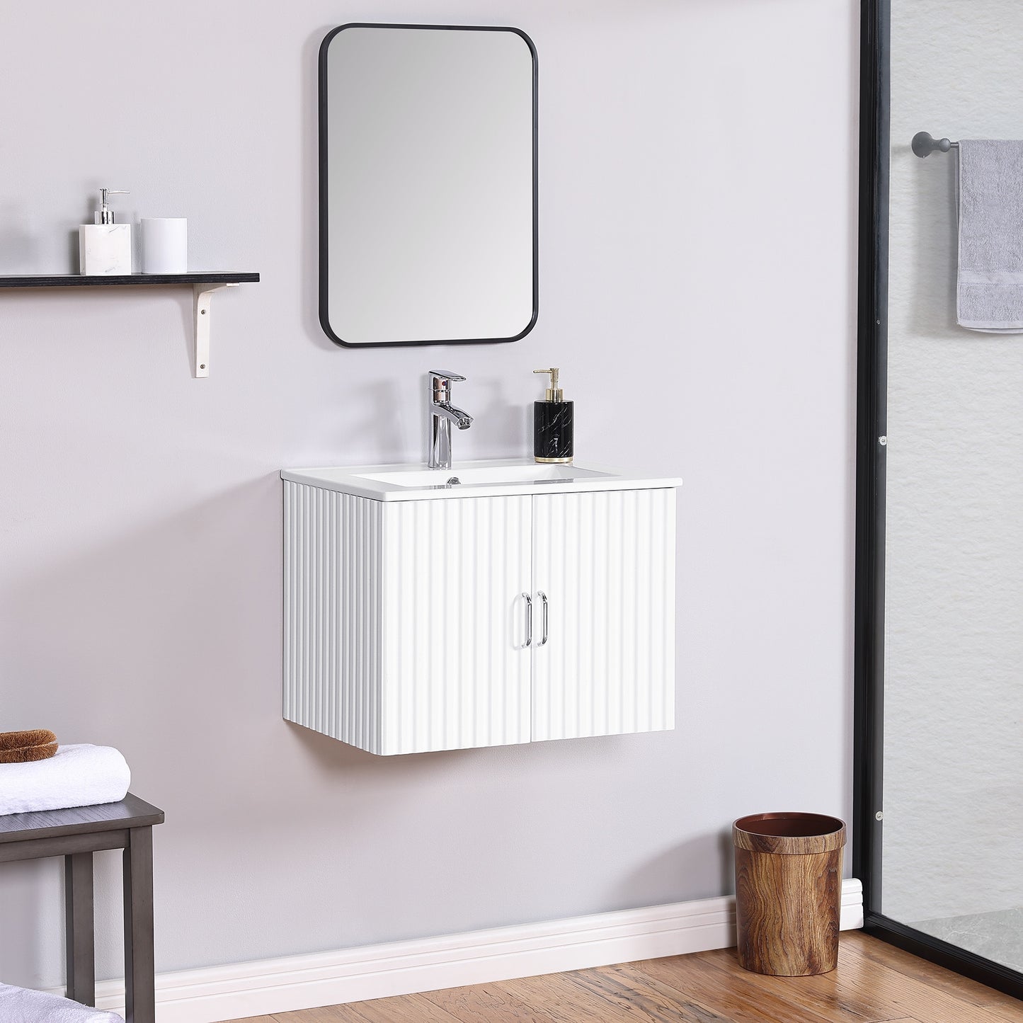 24" Wall Mounted Floating Bathroom Vanity for Small Space, Modern Vanity Storage Cabinet with Porcelain Sink and Soft Close Doors