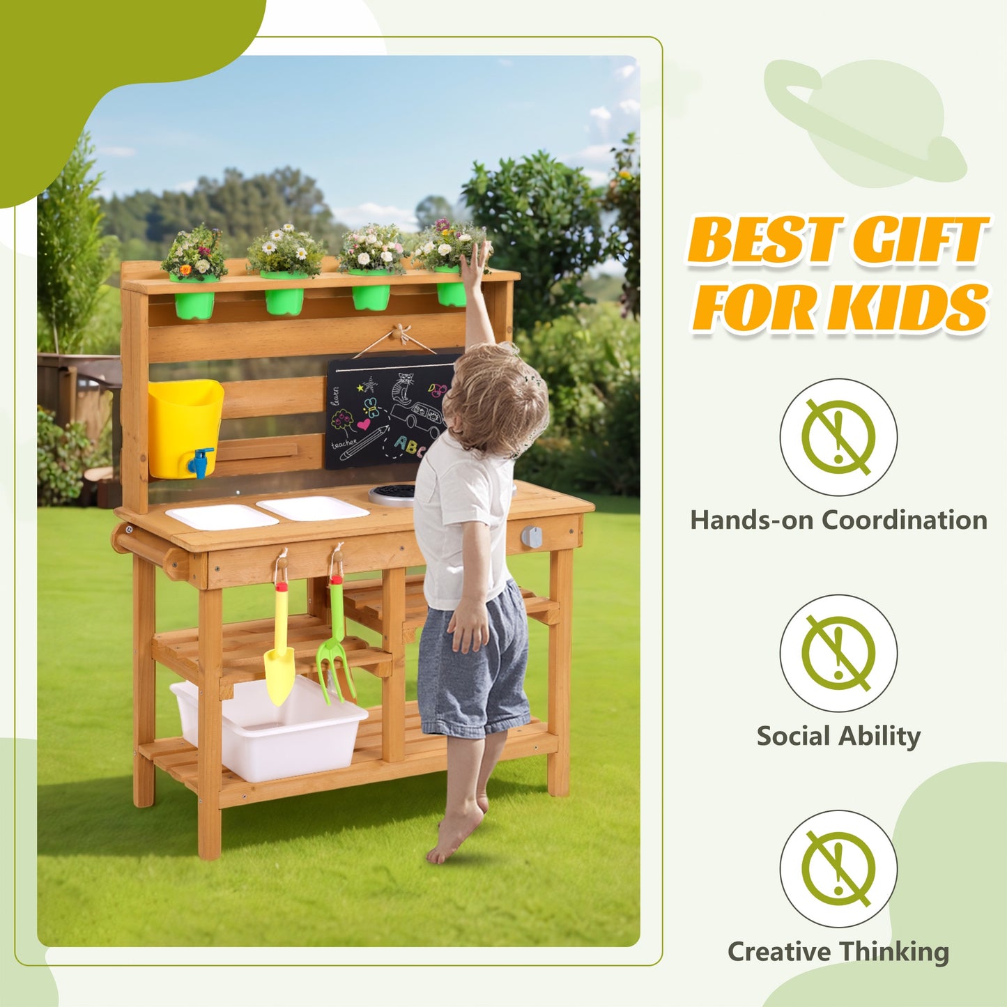 Legahome Kitchen Toys for Boys Girls Kids, Wooden Outdoor Mud Kitchen Kids Kitchen Playset Kids Play Kitchen Toy Set with Sand and Water Pan, Play Sink, Pretend Toy Kitchen Set for Kids Birthday Gifts