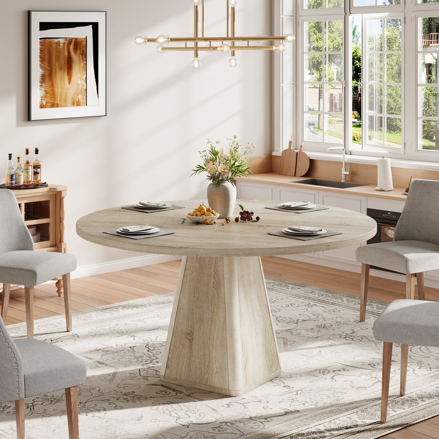 47.5in Round Dining Table, LEGAHOME Wood Round Table for 6, Kitchen Dining Table with Pedestal Base for Dining Room, Brown(Only Table)