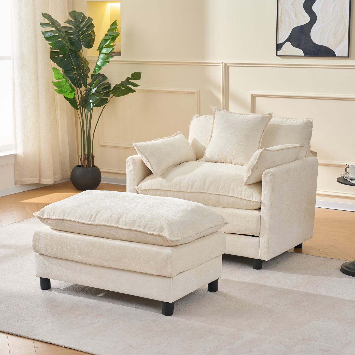Accent Chair with Ottoman, Legahome 40"Wide Chenille Upholstered Barrel Chair, Oversized Armchair Chair with 3 Pillows, Club Chair Reading Chair for Living Room Bedroom, Beige