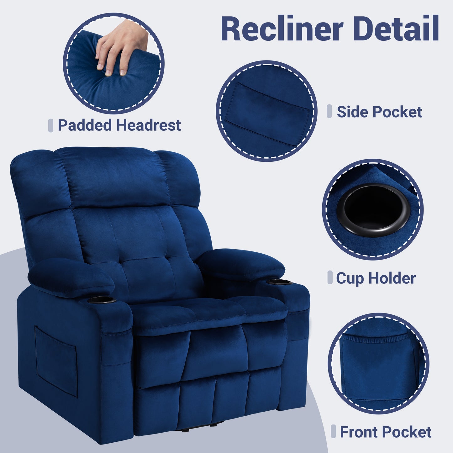 26in Oversized Lift Chair for Elderly, LEGAHOME Power Lift Recliner Chair with Heat and Massage, Velvet Fabric Massage Recliner for Adults, Blue