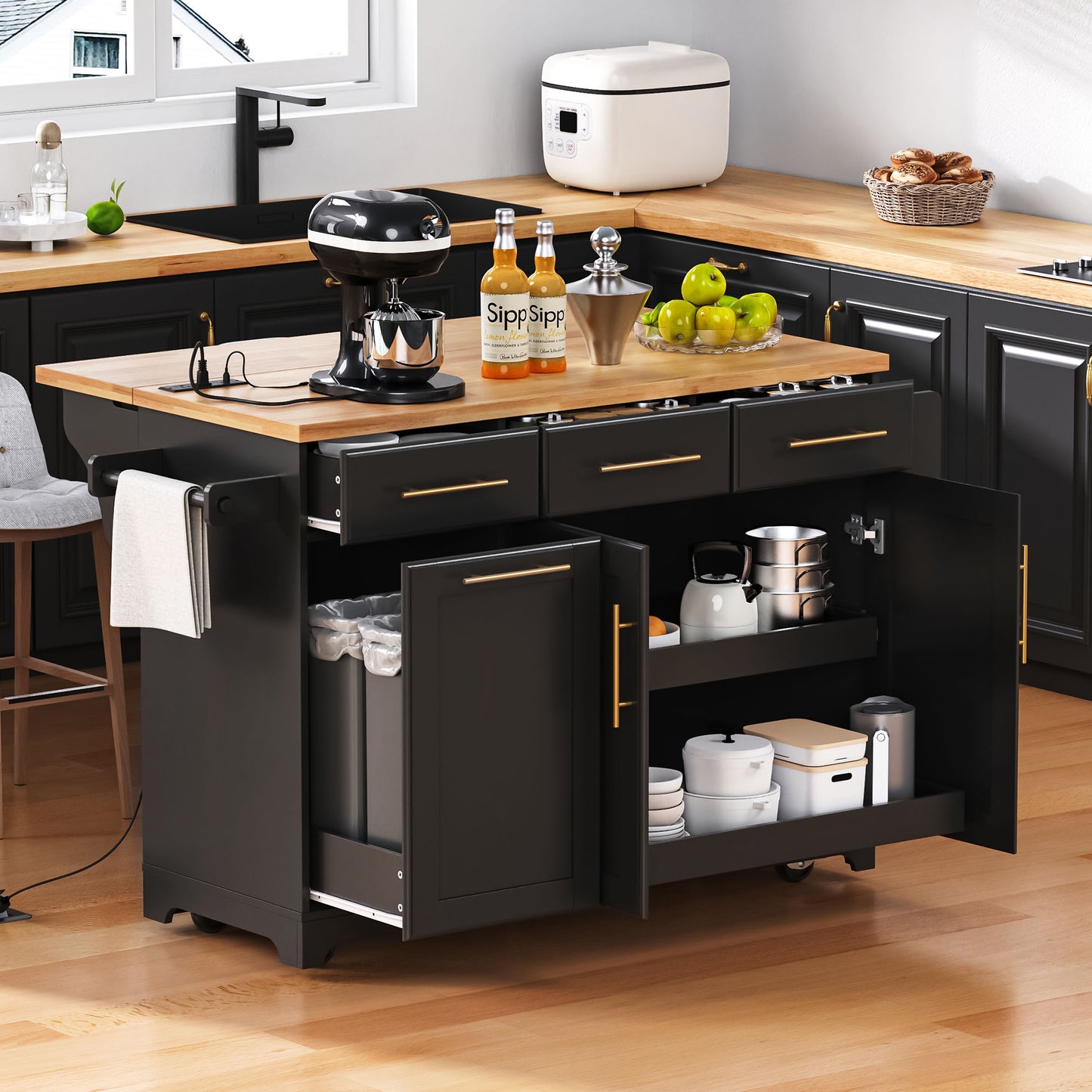LEGAHOME 59.3” Kitchen Island with Rubberwood Drop-Leaf Top