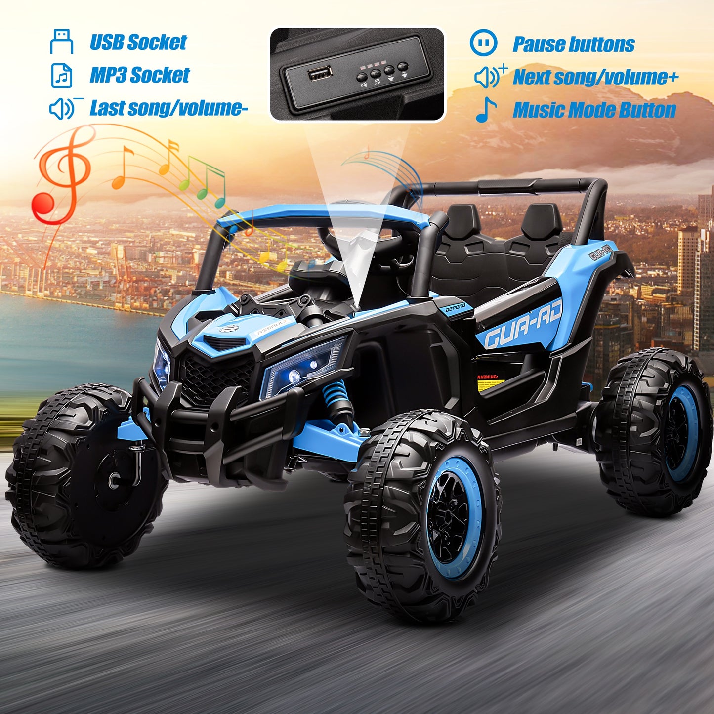 Powered Ride on Toy UTV for Boys, 24 Volt Ride on Cars with Remote Control, Bluetooth, Music Player, Spring Suspension, LED Lights, Larger Seat 4 Wheeler Electric Cars for Kids Girls Gifts, Blue