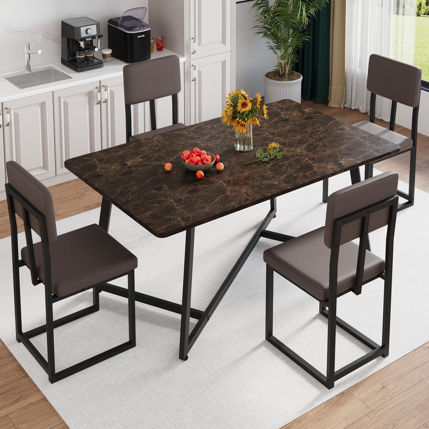 Dining Table Set for 4, 5 Piece Kitchen Table and Chairs Set, Rectangle Brown Tabletop and Brown Leather Chairs Set, Small Space Dining Room Set for Apartment