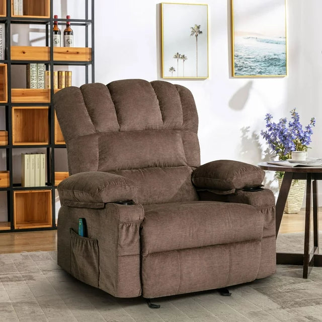 LegaHome Massage Recliner Chair, Brown Fabric Manual Reclining Sofa with Heat Therapy, Massage Function, Rocking Function, Cup Holder and Side Pocket, Heavy Duty Rocker Sofa for Elderly Home Theater