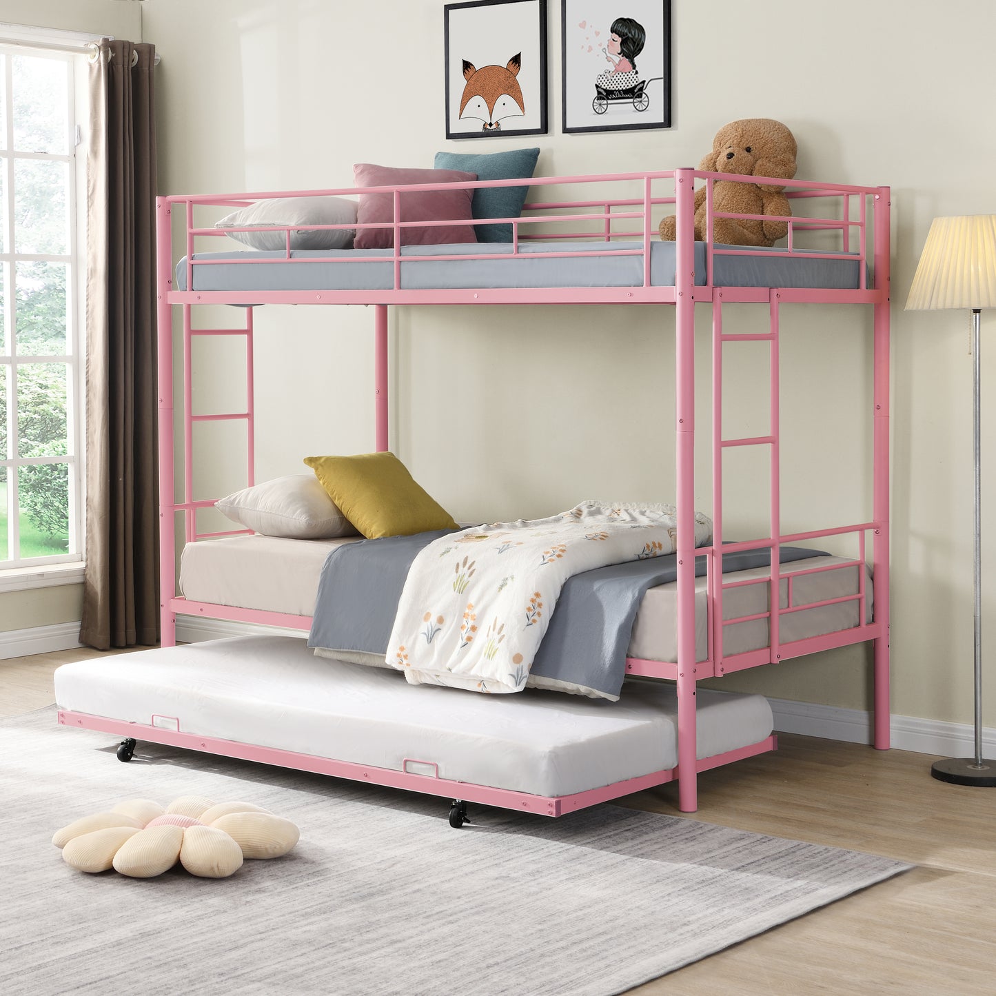 Twin Over Twin Bunk Bed with Trundle, LEGAHOME White Metal Bunk Bed For Teens, Heavy Duty Convertible BunkBeds for 350lbs Weight Capacity, White