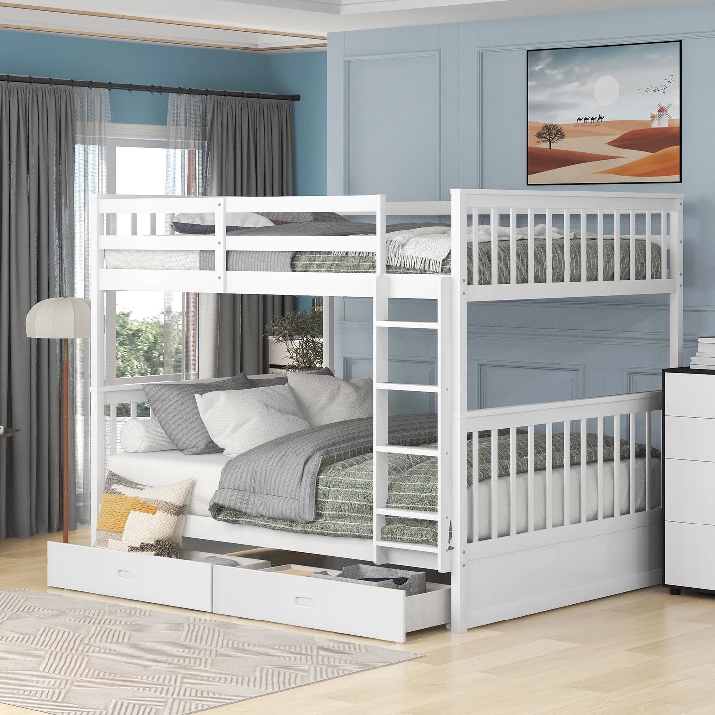 Full Over Full Bunk Bed for Kids Adult, Heavy Duty Solid Wood Bunk Bed Frame with Ladder and Storage Drawers, Can Be Divided Into 2 Beds, Modern Bedroom Furniture Space Saving Bunk Bed Frame, White