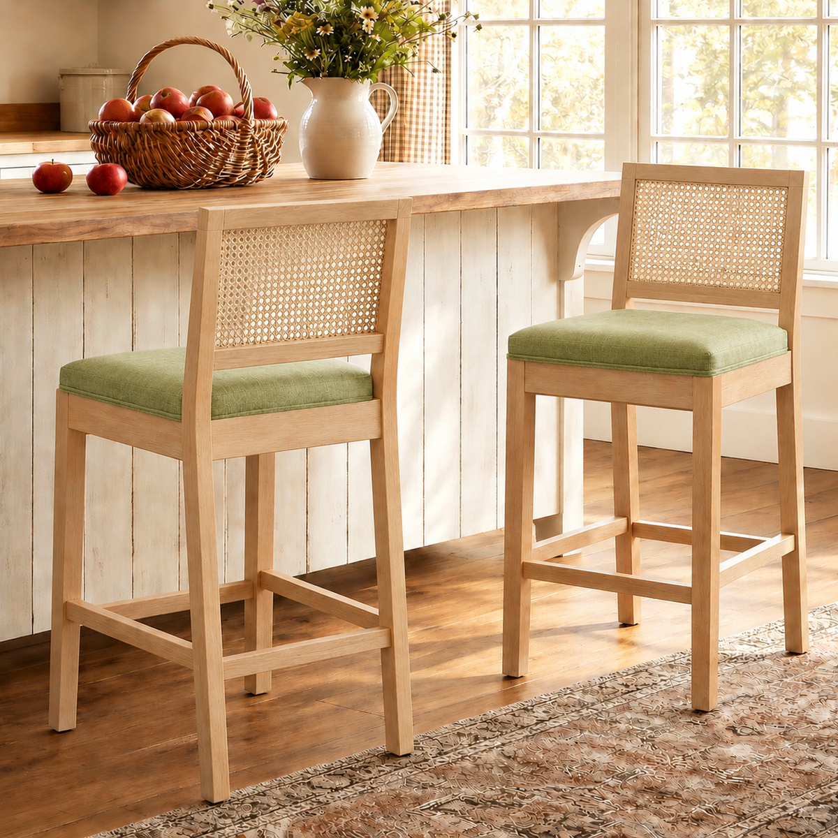 Bar Stools Set of 2, Legahome 28" Bar Height Bar Stool, Farmhouse Linen Upholstered Bar Stool with Rattan-Back, Boho Solid Wood Bar Stools Set for Kitchen Island Dining Room