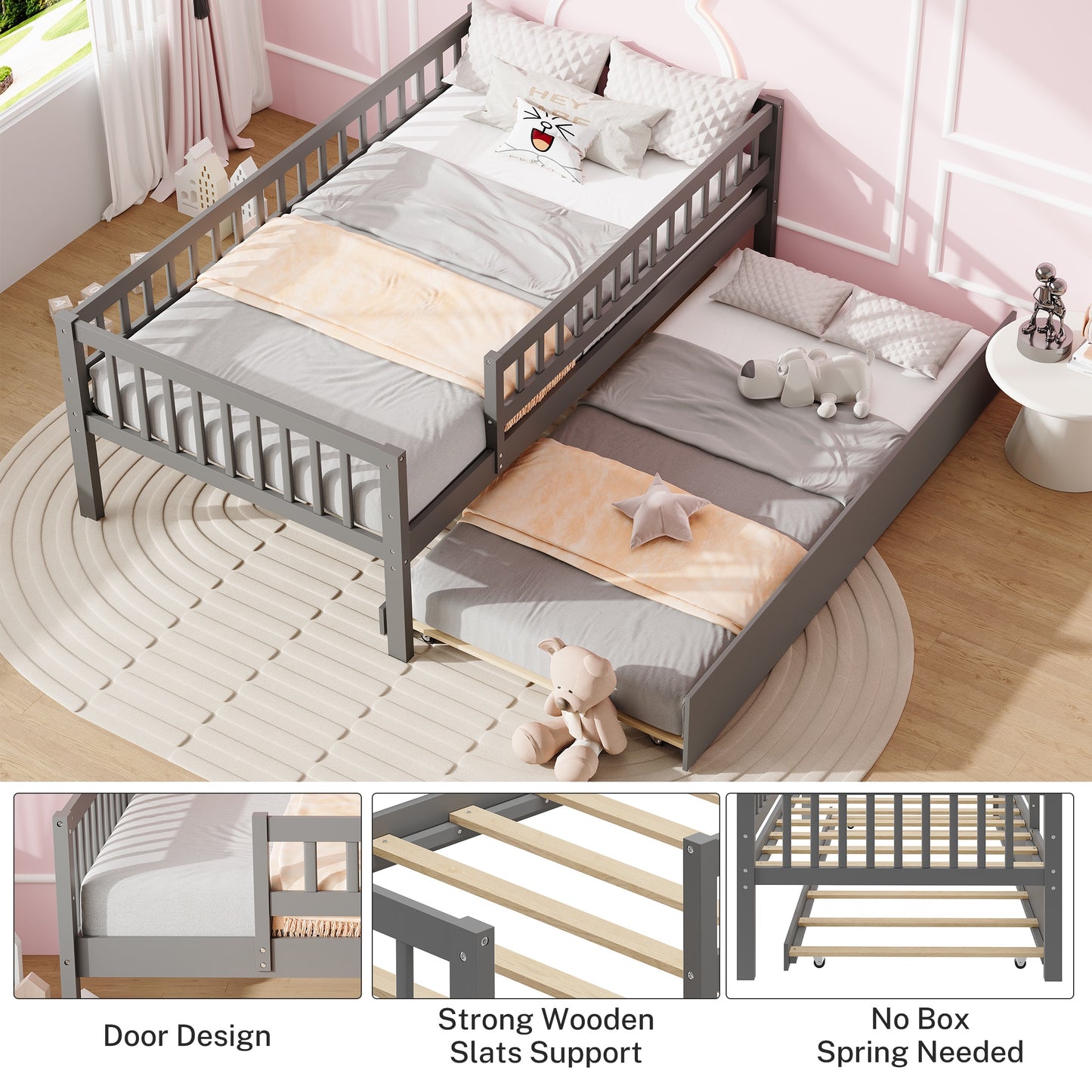 Wood Platform bed frame with Drawers, Modern Full Size Bed Frame with Guardrails on Both Sides, Easy Assembly