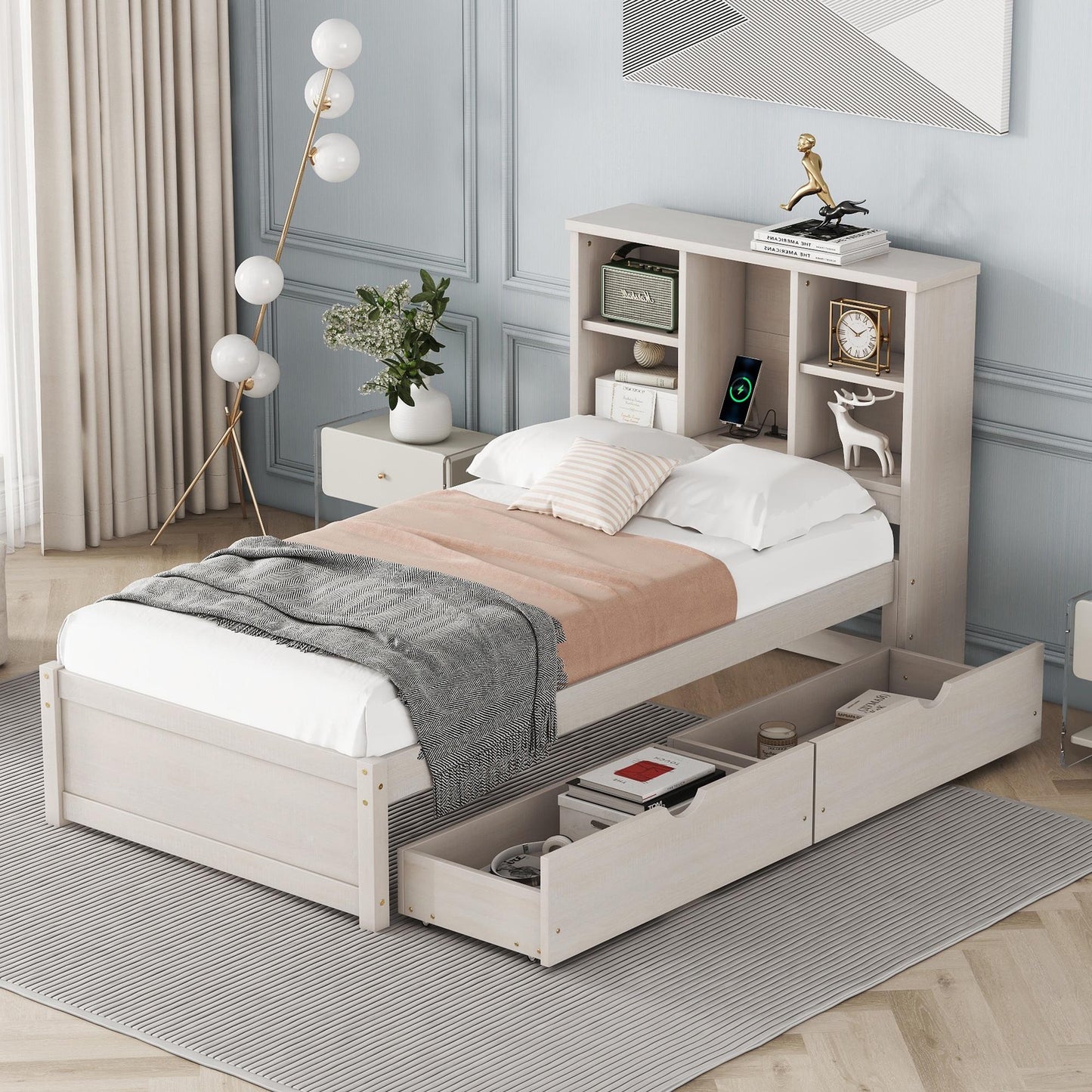 Twin Storage Bed with Bookcase Headboard, Twin Size Captain Bed Frame, with 2 Drawers and Charging Station, Twin Bed Frame with Storage