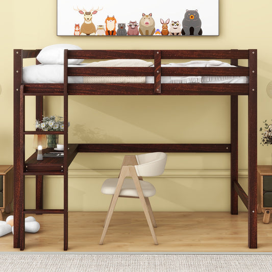 Twin Loft Bed with Desk, Wood Loft Bed with Safety Guardrails and Ladders, Space-Saving Twin Size Loft Bed Frame with L-Shaped Desktop, High Loft Bed for Kids Teens Boys Girls, Espresso