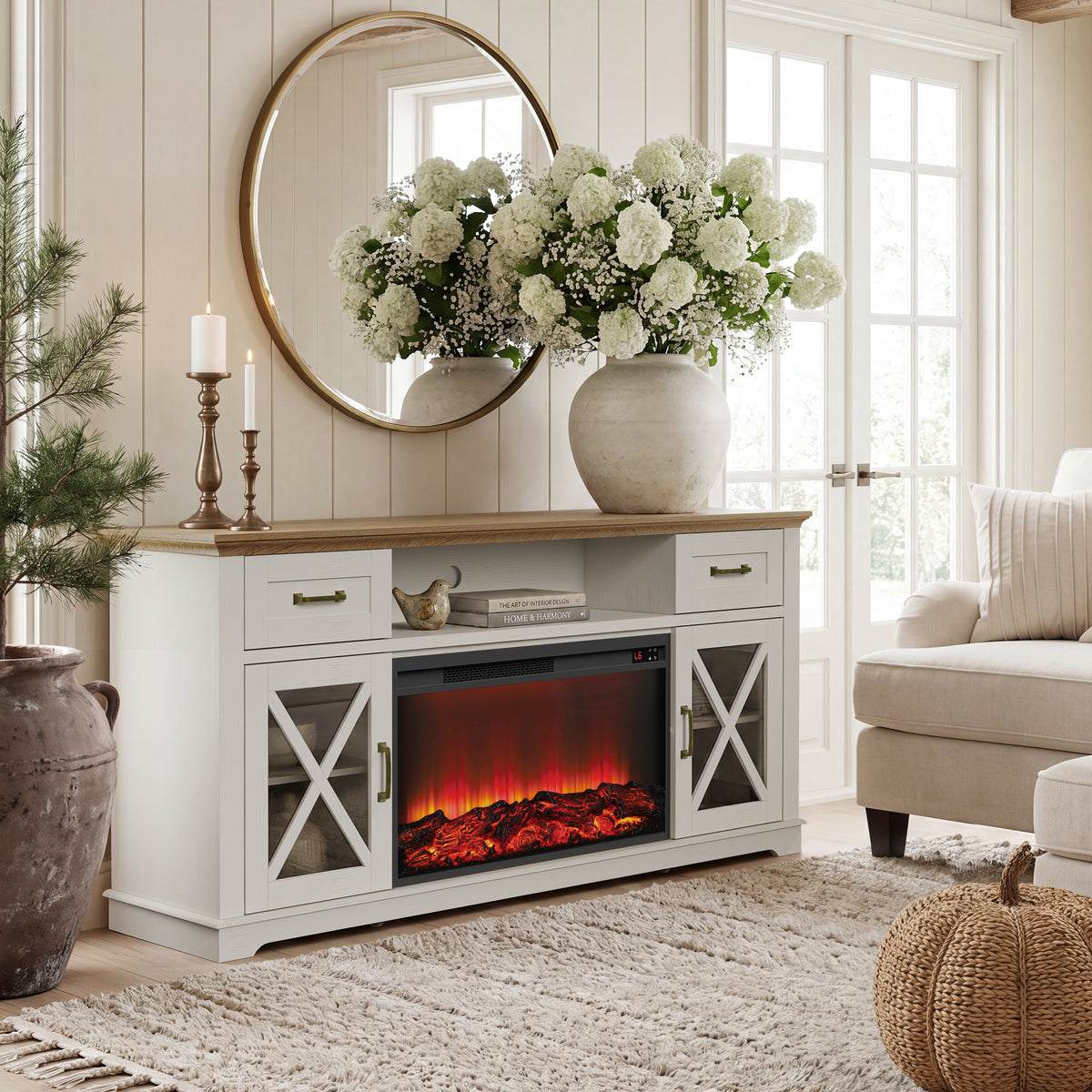 LEGAHOME White 63" Fireplace TV Stand for 70" TVs, Farmhouse Electric Entertainment Center with 30" Fireplace, 2 Drawers, 2-Glass Door, for Living Room, Bedroom, Brown Tabletop&White Caninet