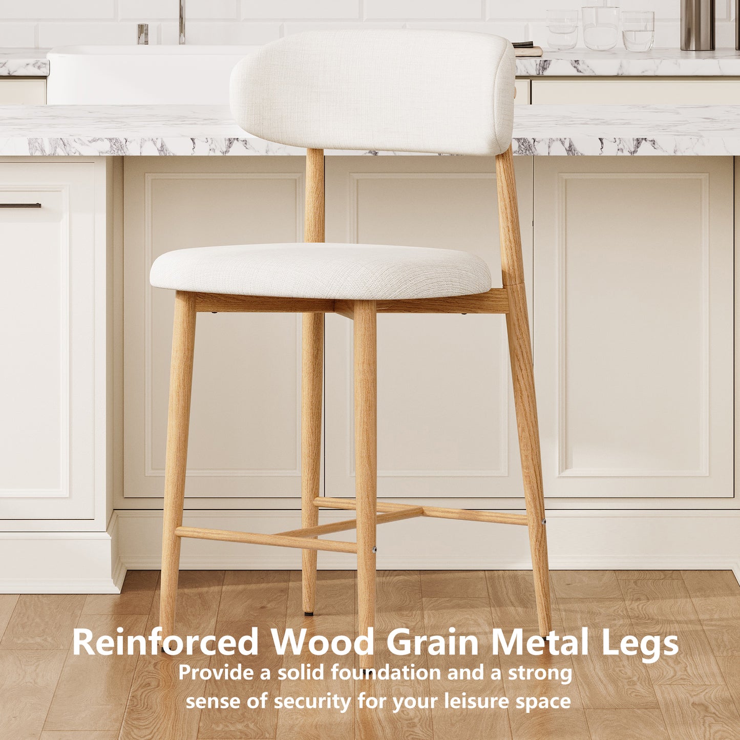 Bar Stool Set of 2, Legahome 26" Counter Height Bar Stool, Modern Farmhouse Upholstered Bar Stool with Curved Back & Wood-Grain Metal Legs for Kitchen Island Dining Room