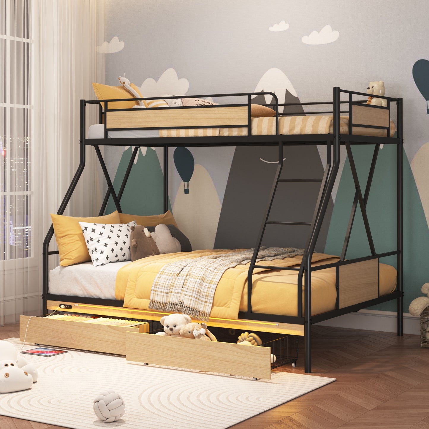 Twin Over Full Bunk Beds, LEGAHOME Heavy-Duty Metal Bunk Bed with 2 Drawers, Charging Station and LED Lights, 350lbs Capacity Space-Saving Bunk Beds for Teens, Black