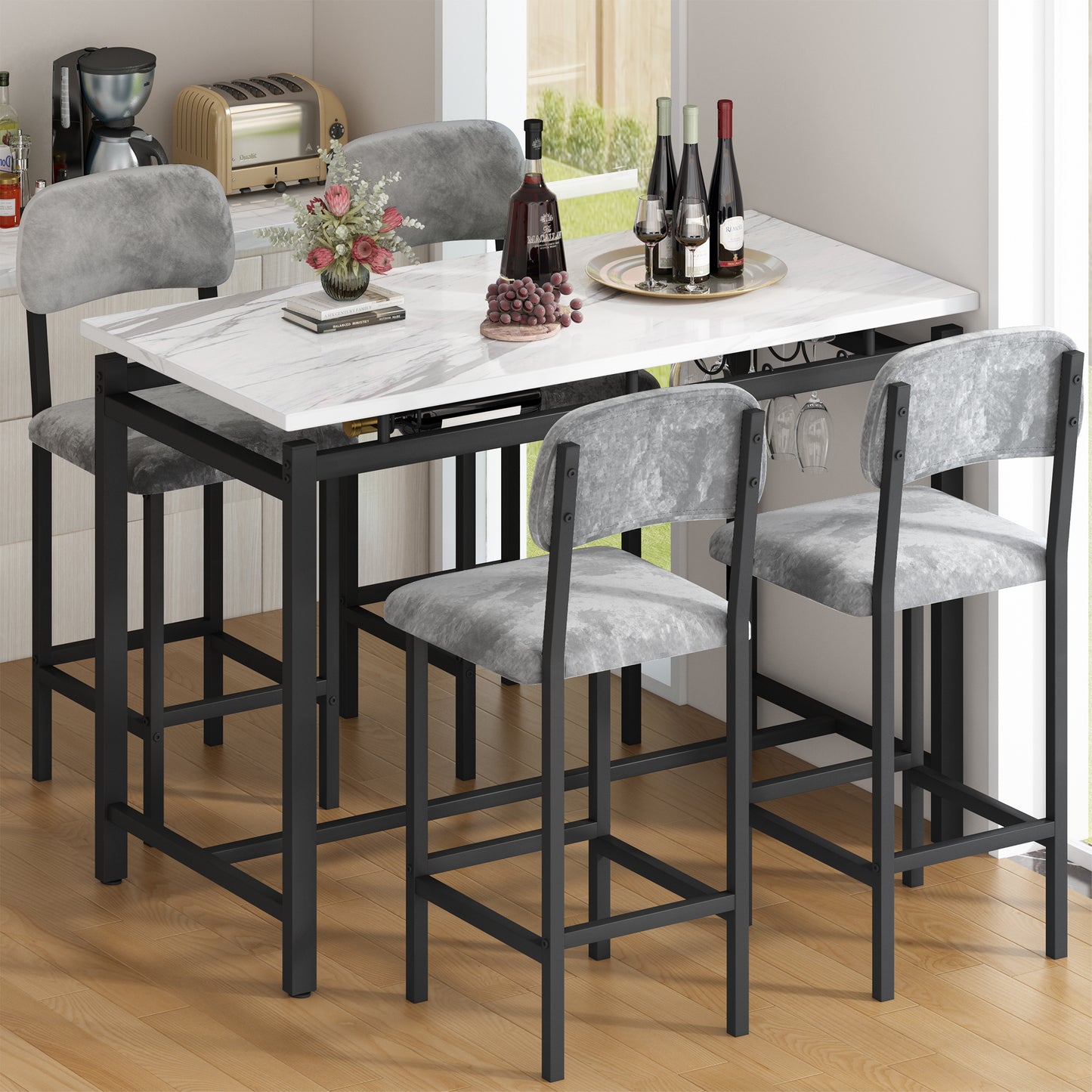 Dining Table Set for 4, Counter Height Kitchen Table Set with Chairs for 4, 5 Piece Bar Table and Stools Set, Modern Dining Room Set with Wine Rack, Faux Marble Table and PU Leather Chair, Gray