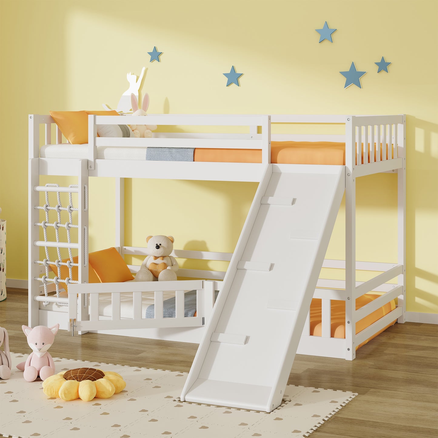 Twin over Twin Bunk Bed with Climbing Nets and Climbing Ramp, Solid Wood Bed Frame with Door Lock, Modern Low Floor Bunk Bed for Kids