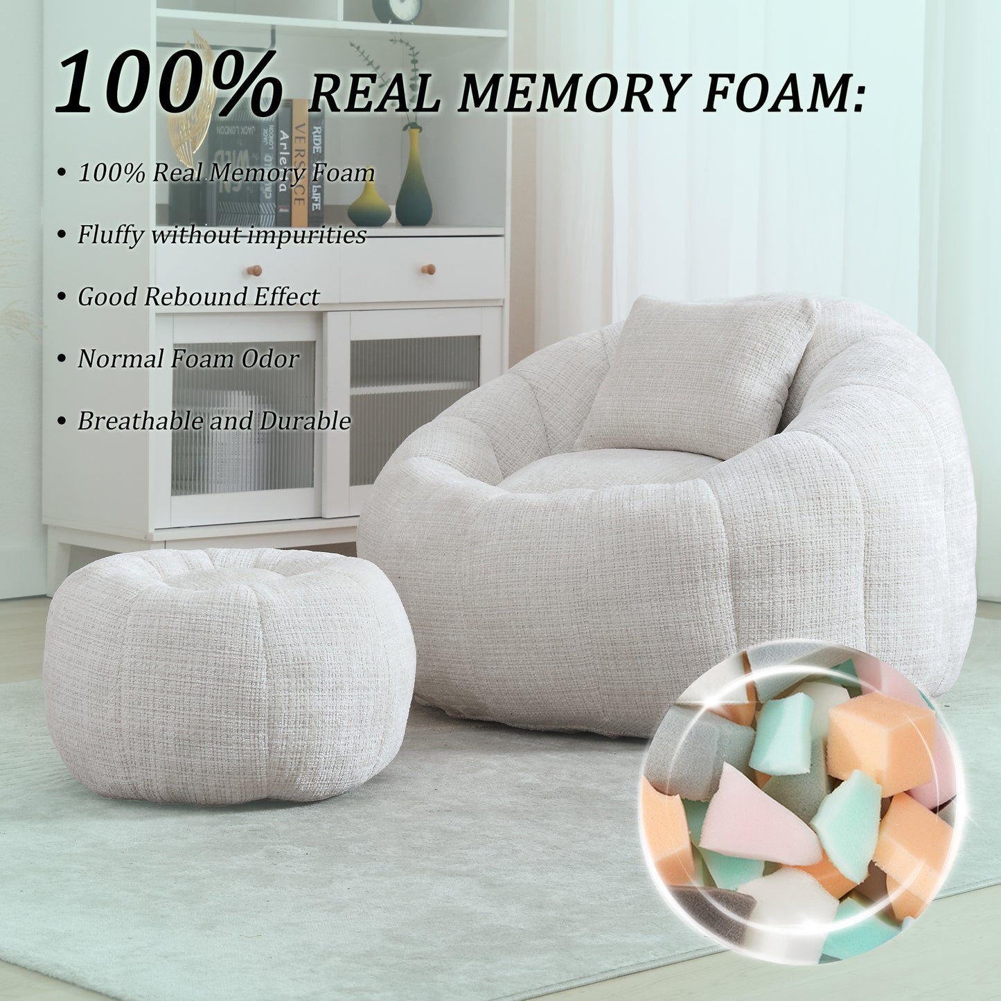 Bean Bag Chair with Ottoman, Legahome Large Bean Bag for Adult, Chenille Lazy Floor Sofa with Pillow, Pumpkin Shaped Bean Bag Chair, Reading Chair for Living Room, Bedroom, Beige