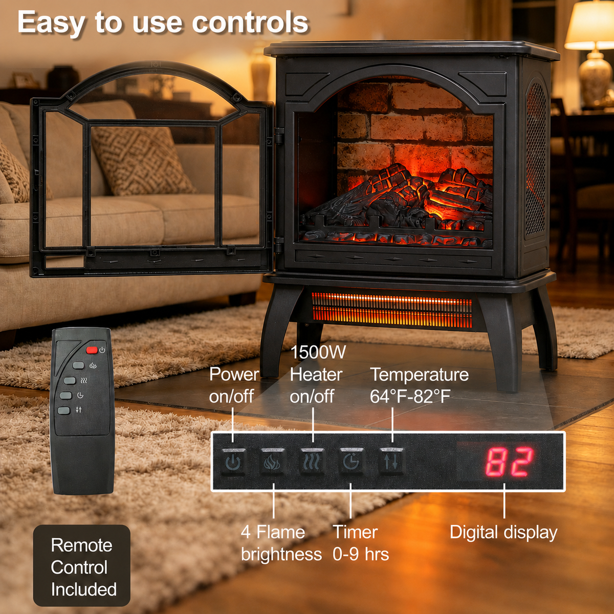 Electric Fireplace Heater, Legahome 18'' Freestanding Fireplace Heater Stove with Remote Control, 3D Flame Effect, Adjustable Brightness, Temp Control and Timer, Brick Background