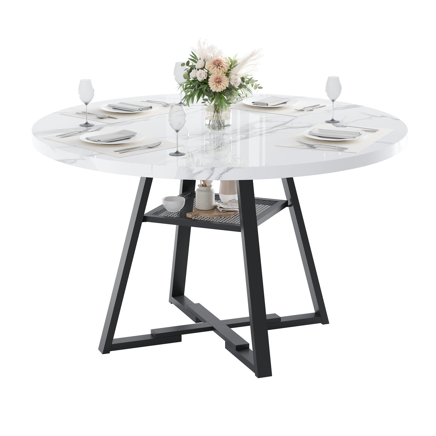 LEAGHOME 43.3in Round Dining Table for 4 Person, Faux Marble Kitchen Table with Metal Base Seats 4, Modern Dining Room Table with Storage Rack for Kitchen, White (Only Table)