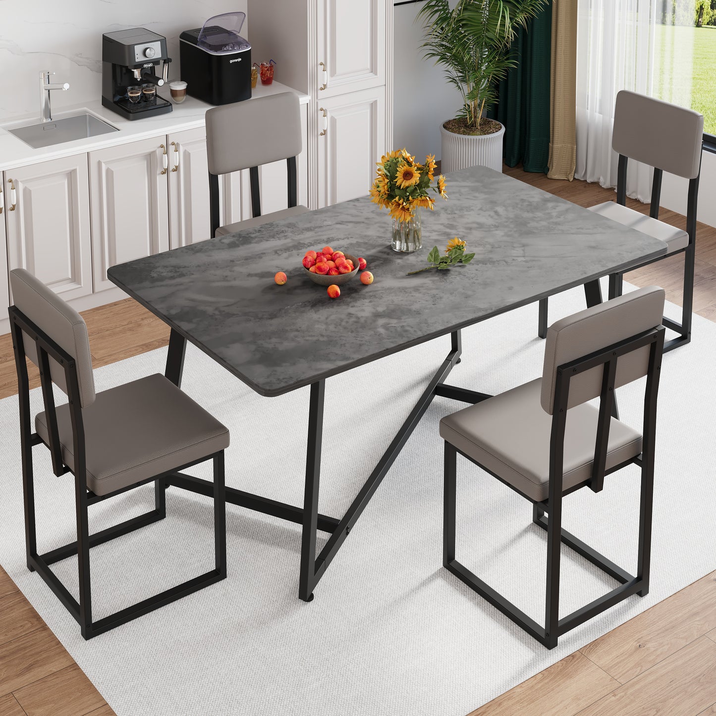 Dining Table Set for 4, 5 Piece Kitchen Table and Chairs Set, Rectangle Brown Tabletop and Brown Leather Chairs Set, Small Space Dining Room Set for Apartment