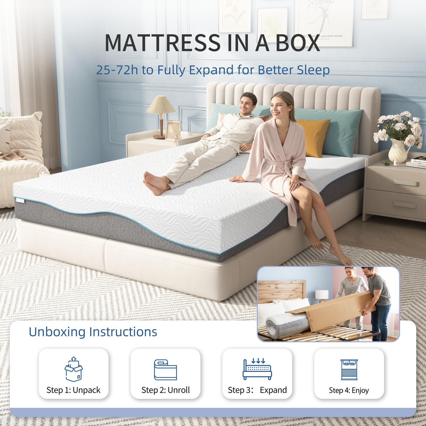 Queen Foam Mattress in a Box 8in, Legahome Medium Firm Memory Foam Mattress with Edge Support & Pressure Relief, Motion Isolation, CertiPUR-US Cooling Gel Mattress for Bedroom, White & Gray