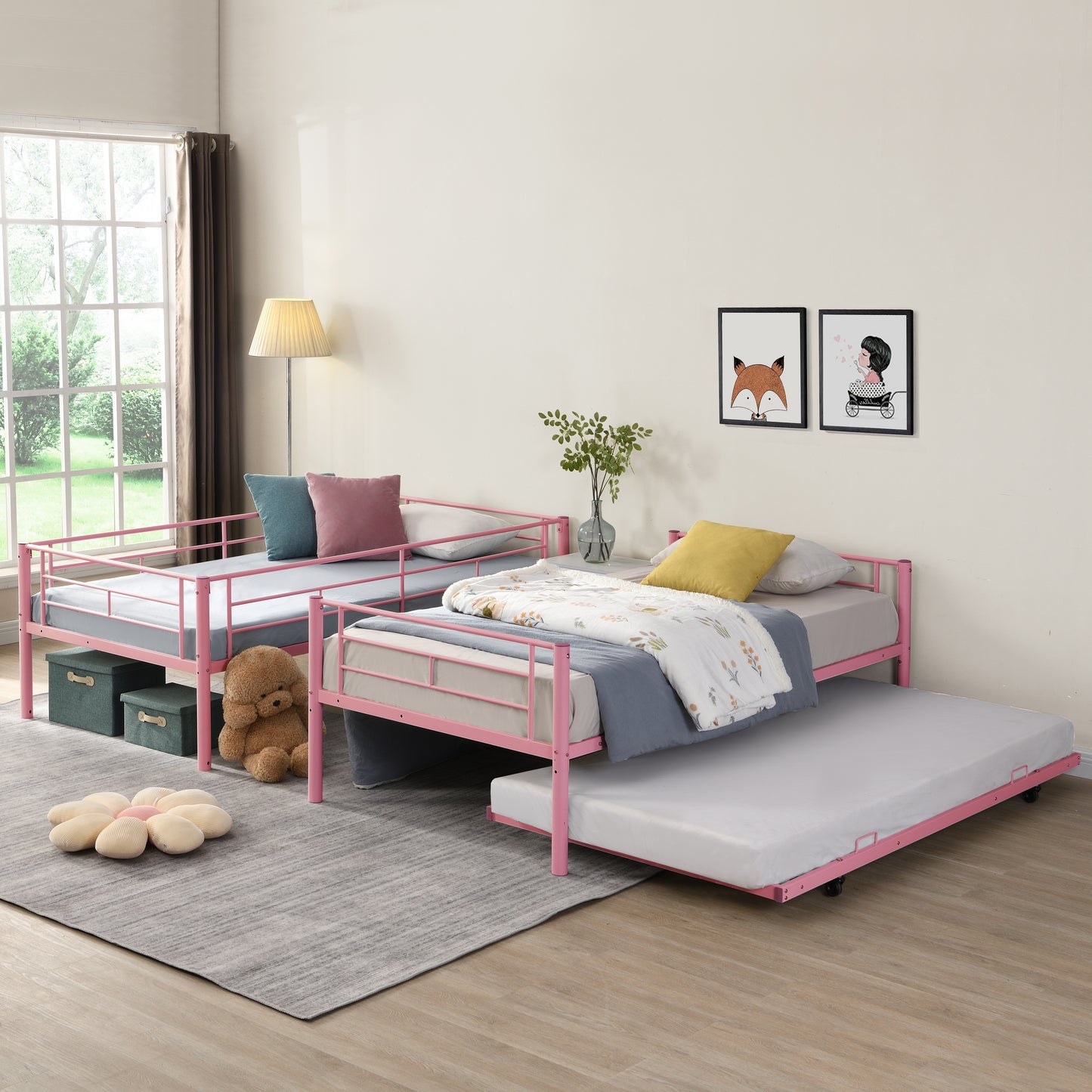 Twin Over Twin Bunk Bed with Trundle, LEGAHOME White Metal Bunk Bed For Teens, Heavy Duty Convertible BunkBeds for 350lbs Weight Capacity, White