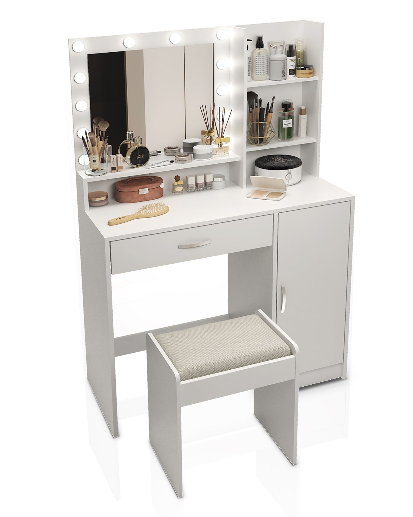 Vanity Set with Sliding Mirror and Lights, Modern Lighted Makeup Vanity Table Set, Vanity Desk with Chair Set for Girls, Dressing Table with Drawers for Bedroom