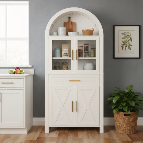 71'' Tall Arched Pantry Storage Cabinet, Legahome Kitchen Pantry with 1 Drawer & 9 Shelves & 4 Doors & Adjustable Shelves, Kitchen Pantry Storage Cabinet for Dining Living Room, White