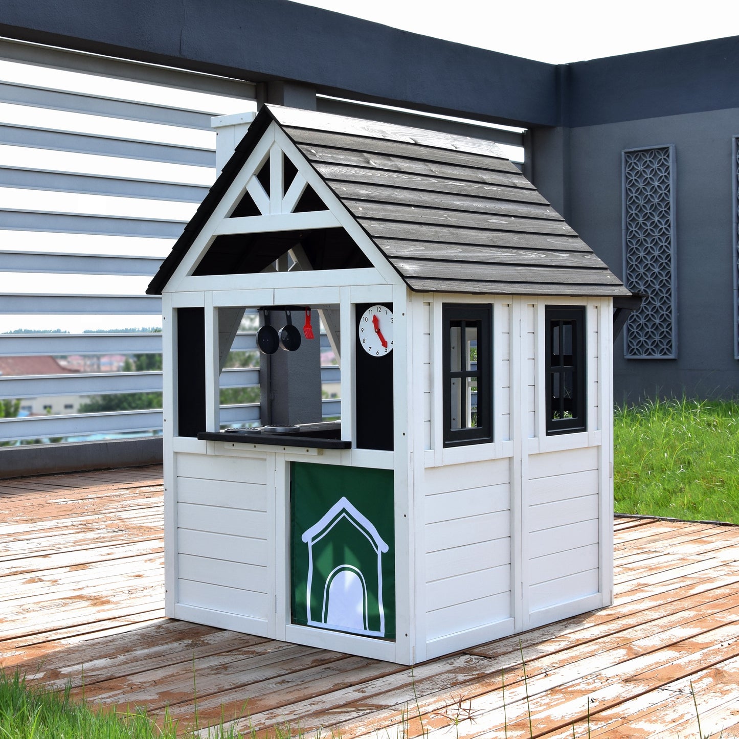 Legahome Outdoor Playhouse, Wooden Playhouse for Kids Outdoor, Kids Play House with Front Door, Flower Pot Holders, Stove, Sink, Doorbell, Windows, Indoor Outdoor Kids Play Equipment Gift for Ages 2+
