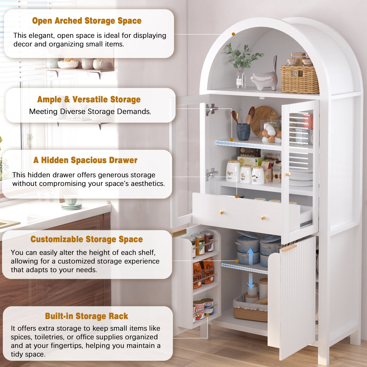 71'' Tall Arched Pantry Storage Cabinet, Legahome Kitchen Pantry with 1 Drawer & 9 Shelves & 4 Doors & Adjustable Shelves, Kitchen Pantry Storage Cabinet for Dining Living Room, White