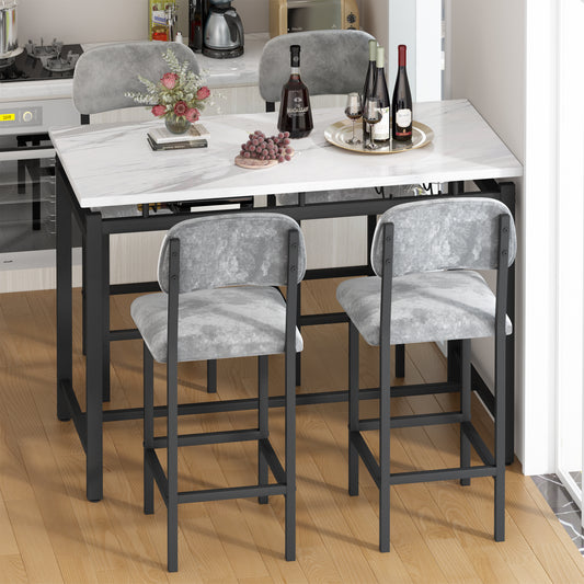 Dining Table Set for 4, Counter Height Kitchen Table Set with Chairs for 4, 5 Piece Bar Table and Stools Set, Modern Dining Room Set with Wine Rack, Faux Marble Table and PU Leather Chair, Gray